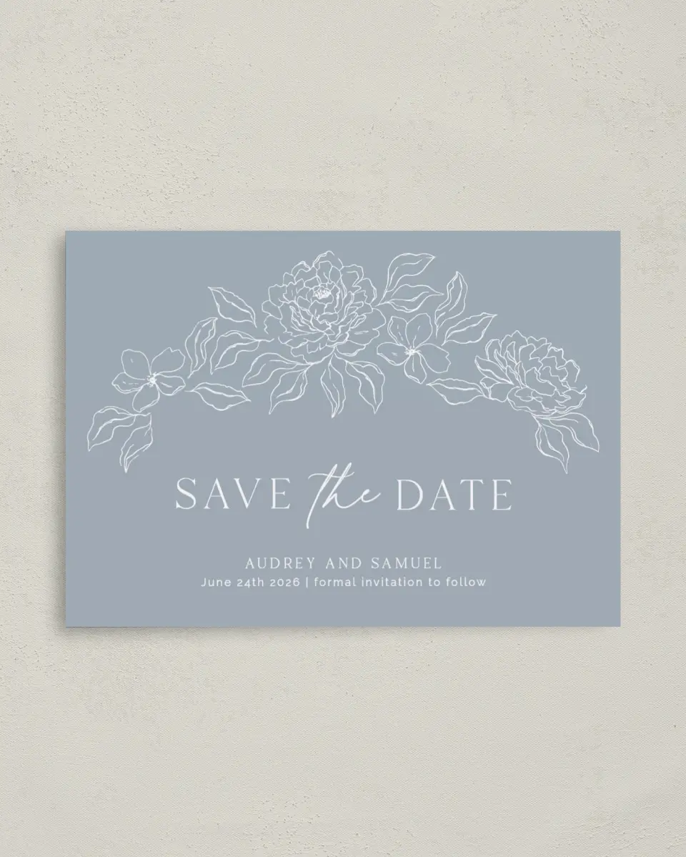 This is a 4" x 5.6" Save the Date Postcard called Graceful Petals printed in full color on Soft Touch Finish paper