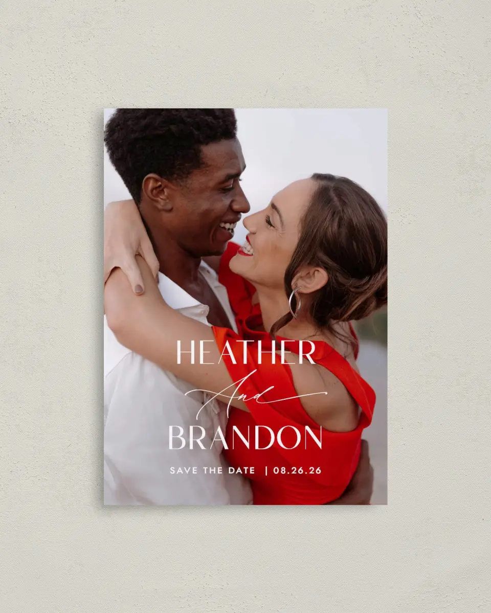 This is a 4" x 5.6" Save the Date Postcard called Neat Names printed in full color on Soft Touch Finish paper