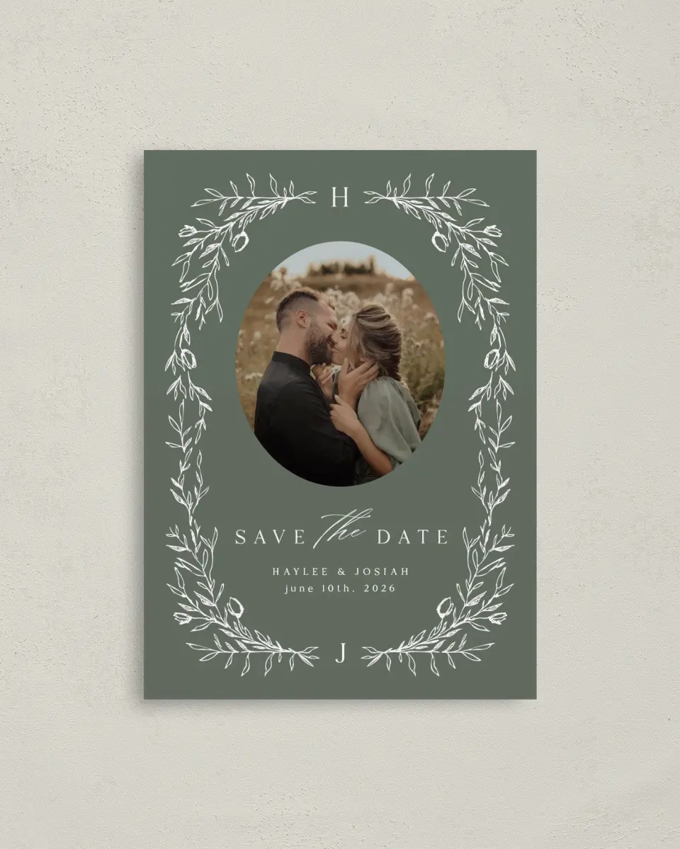 This is a 4" x 5.6" Save the Date Postcard called Flourishing Frame printed in full color on Soft Touch Finish paper