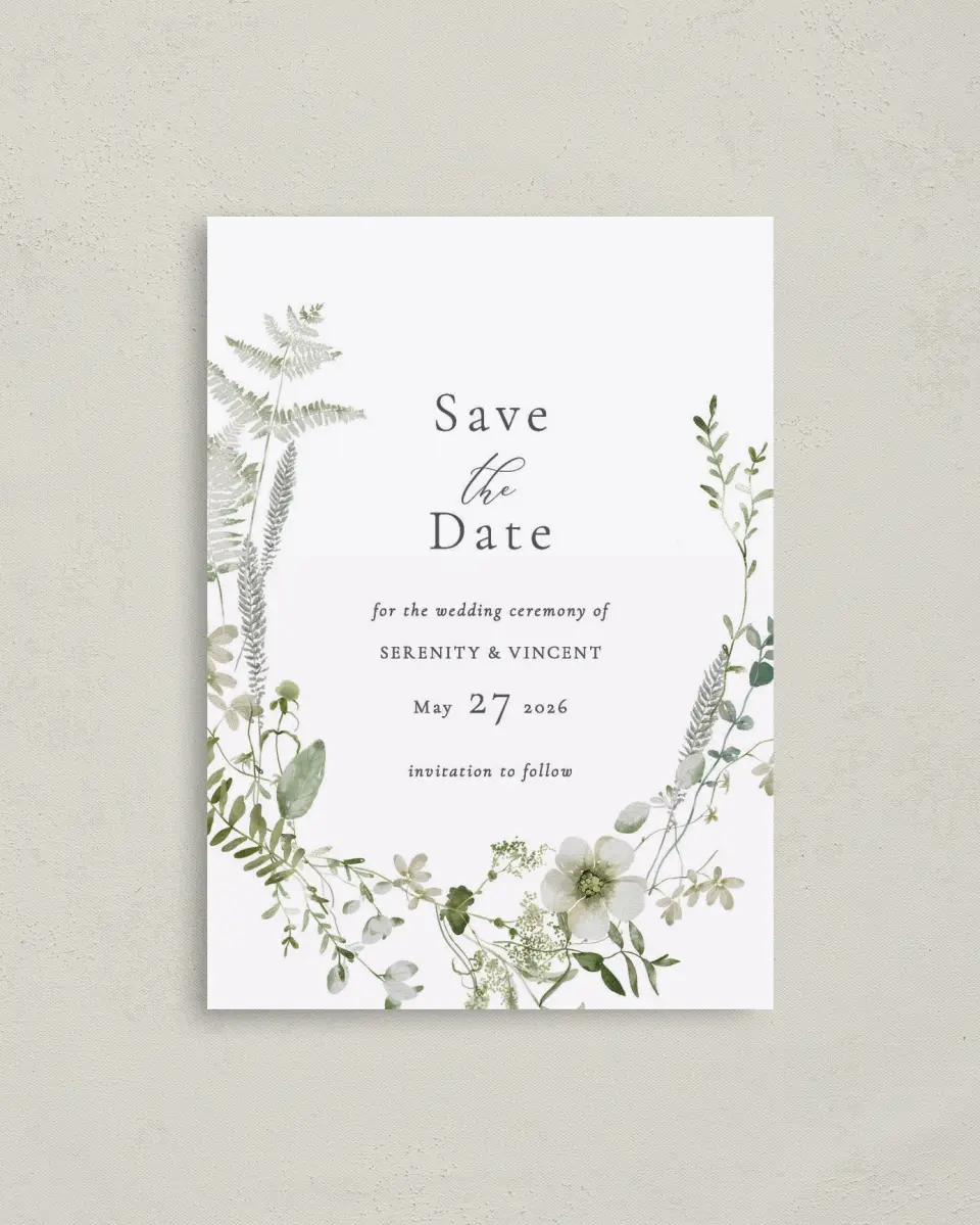 This is a 4" x 5.6" Save the Date Postcard called Graceful Greenery printed in full color on Soft Touch Finish paper