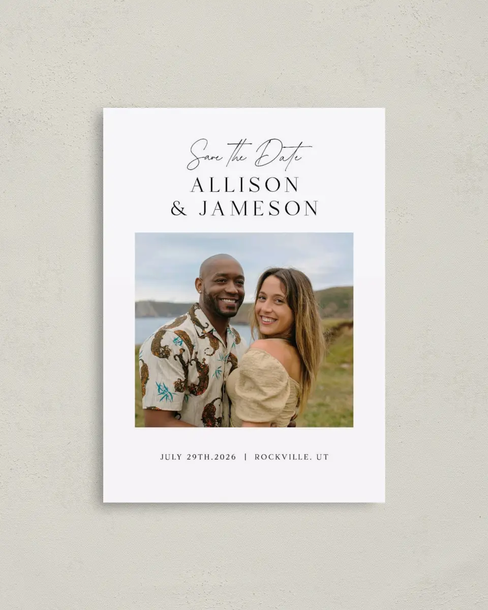 This is a 4" x 5.6" Save the Date Postcard called Simple Signature printed in full color on Soft Touch Finish paper
