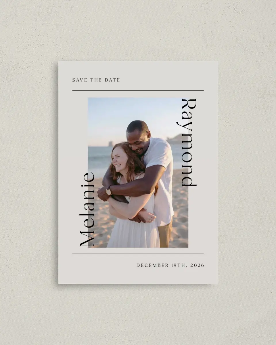 This is a 4" x 5.6" Save the Date Postcard called Styled Lines printed in full color on Soft Touch Finish paper