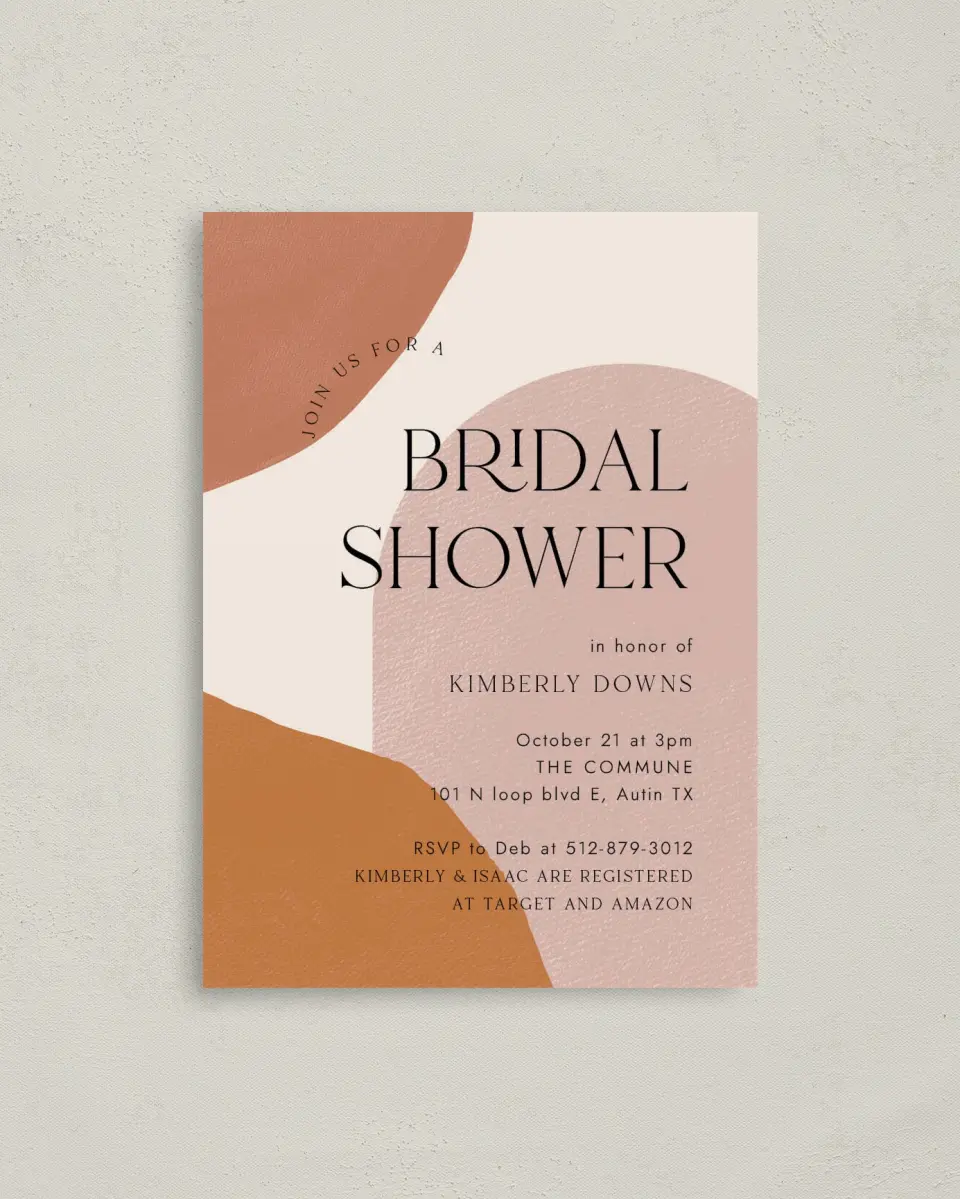 This is a 4" x 5.6" Bridal Shower Invitation Postcard called Shower Shapes printed in full color with Gold foil on Soft Touch Finish paper