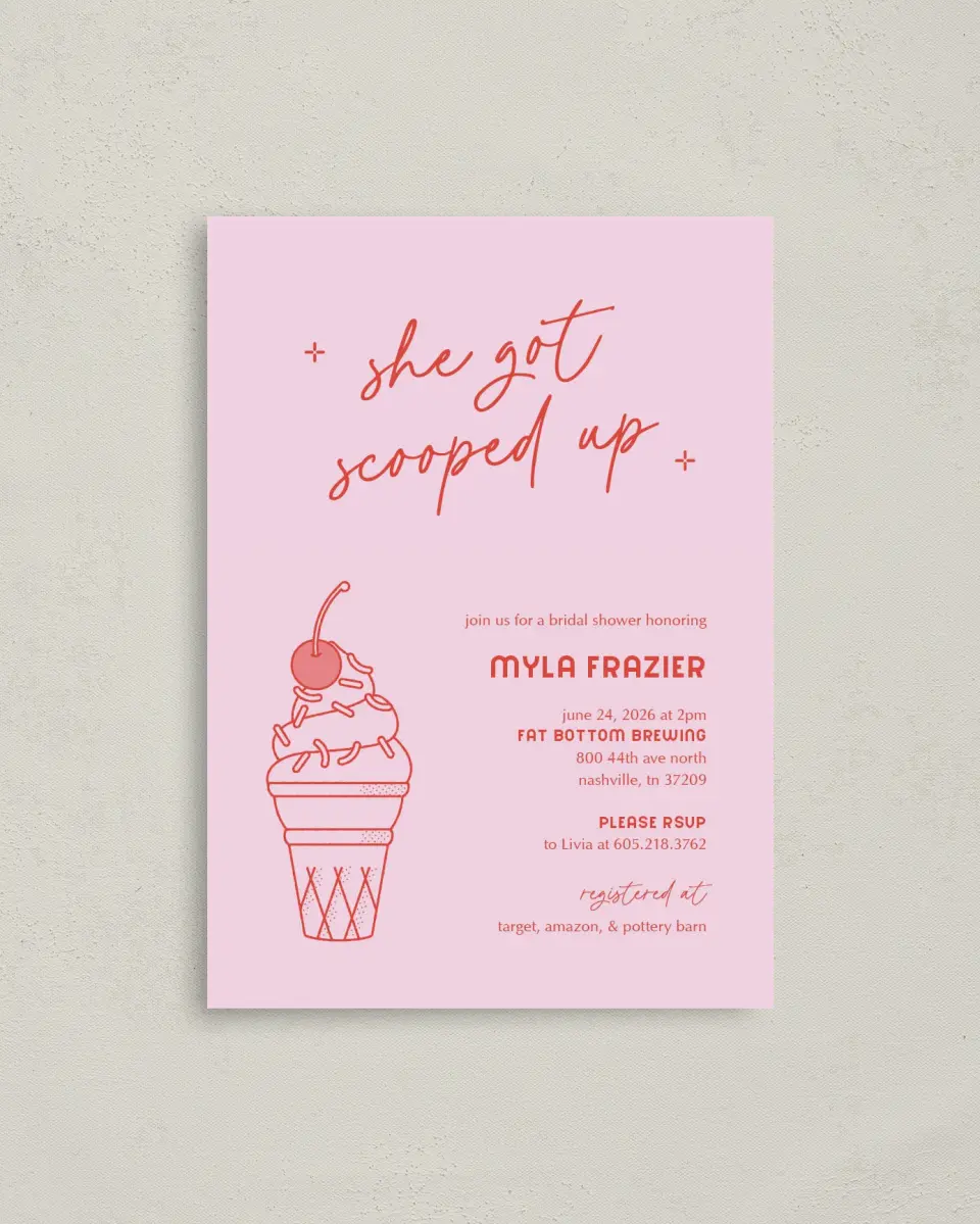 This is a 4" x 5.6" Bridal Shower Invitation Postcard called Scooped Up printed in full color with Gold foil on Soft Touch Finish paper