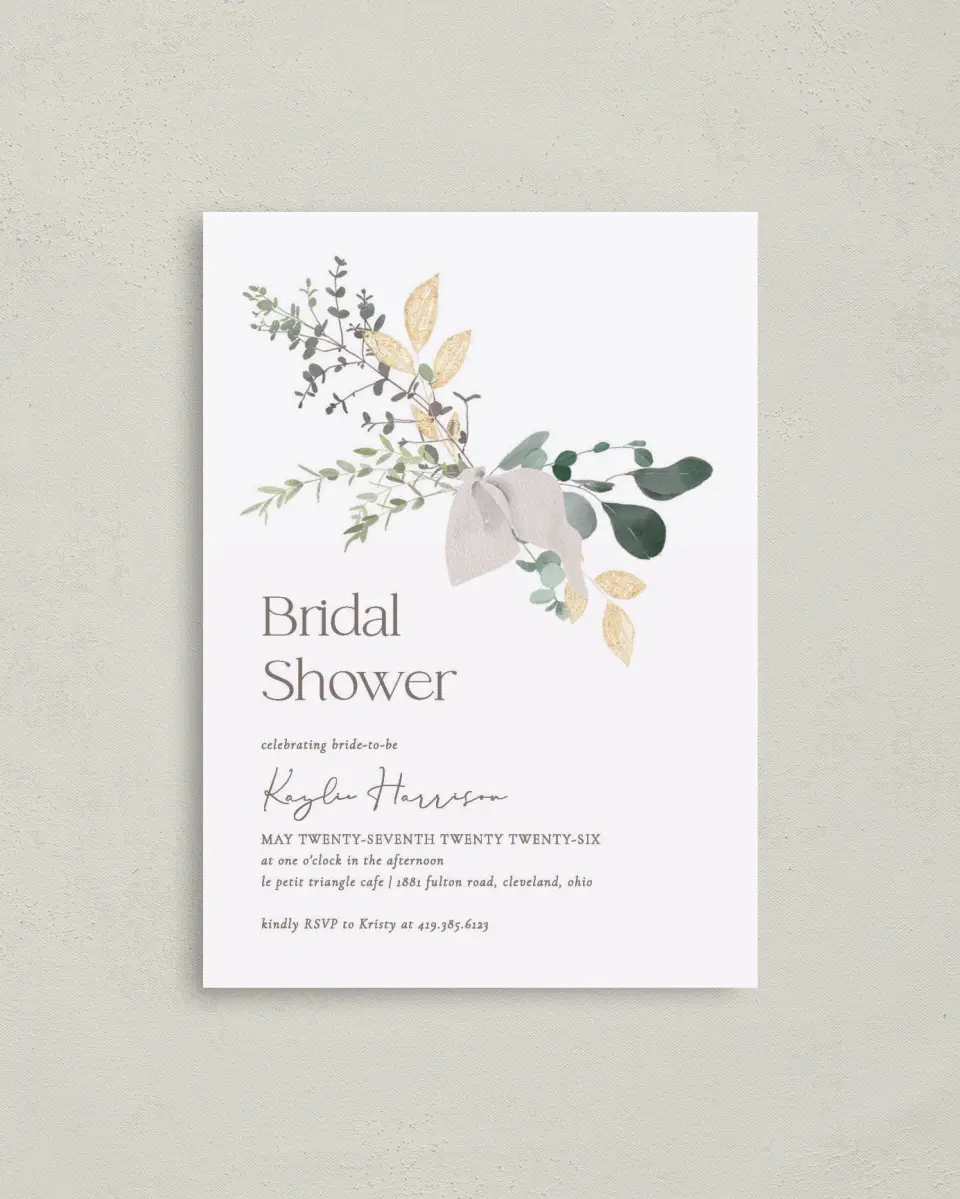This is a 4" x 5.6" Bridal Shower Invitation Postcard called Botanical Bow printed in full color on Soft Touch Finish paper
