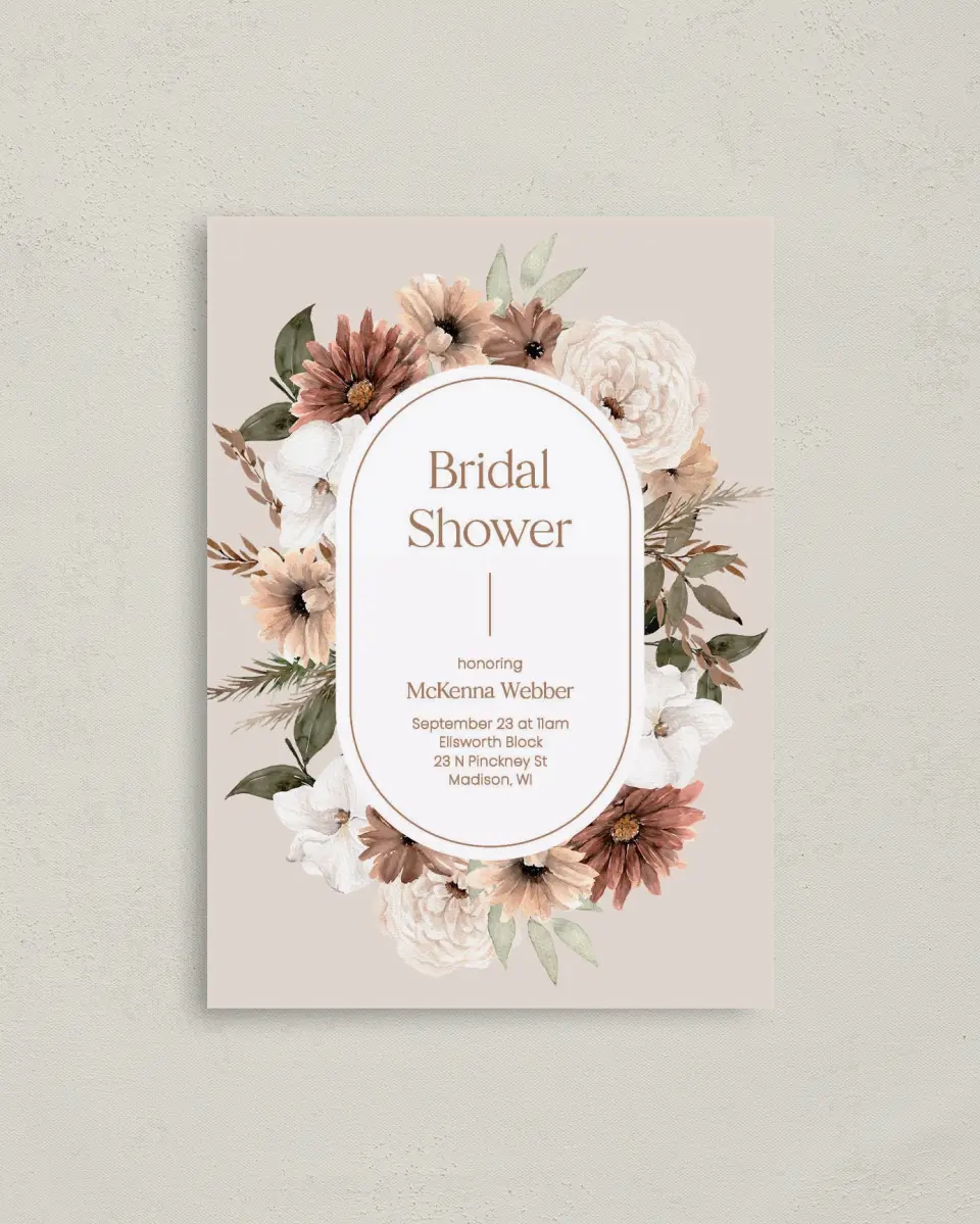 This is a 4" x 5.6" Bridal Shower Invitation Postcard called Blooming Love printed in full color on Soft Touch Finish paper