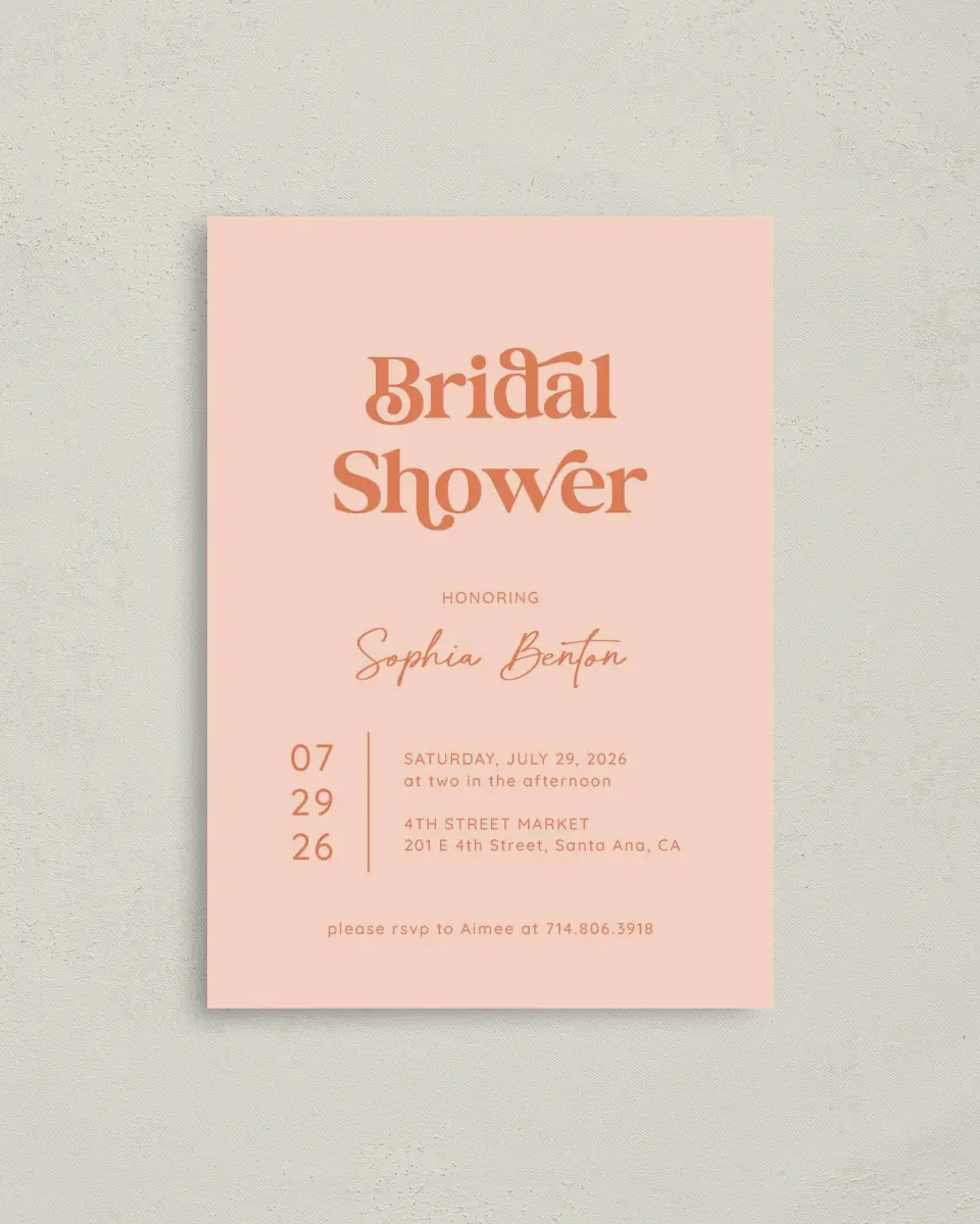 This is a 4" x 5.6" Bridal Shower Invitation Postcard called Funky Fun printed in full color on Soft Touch Finish paper