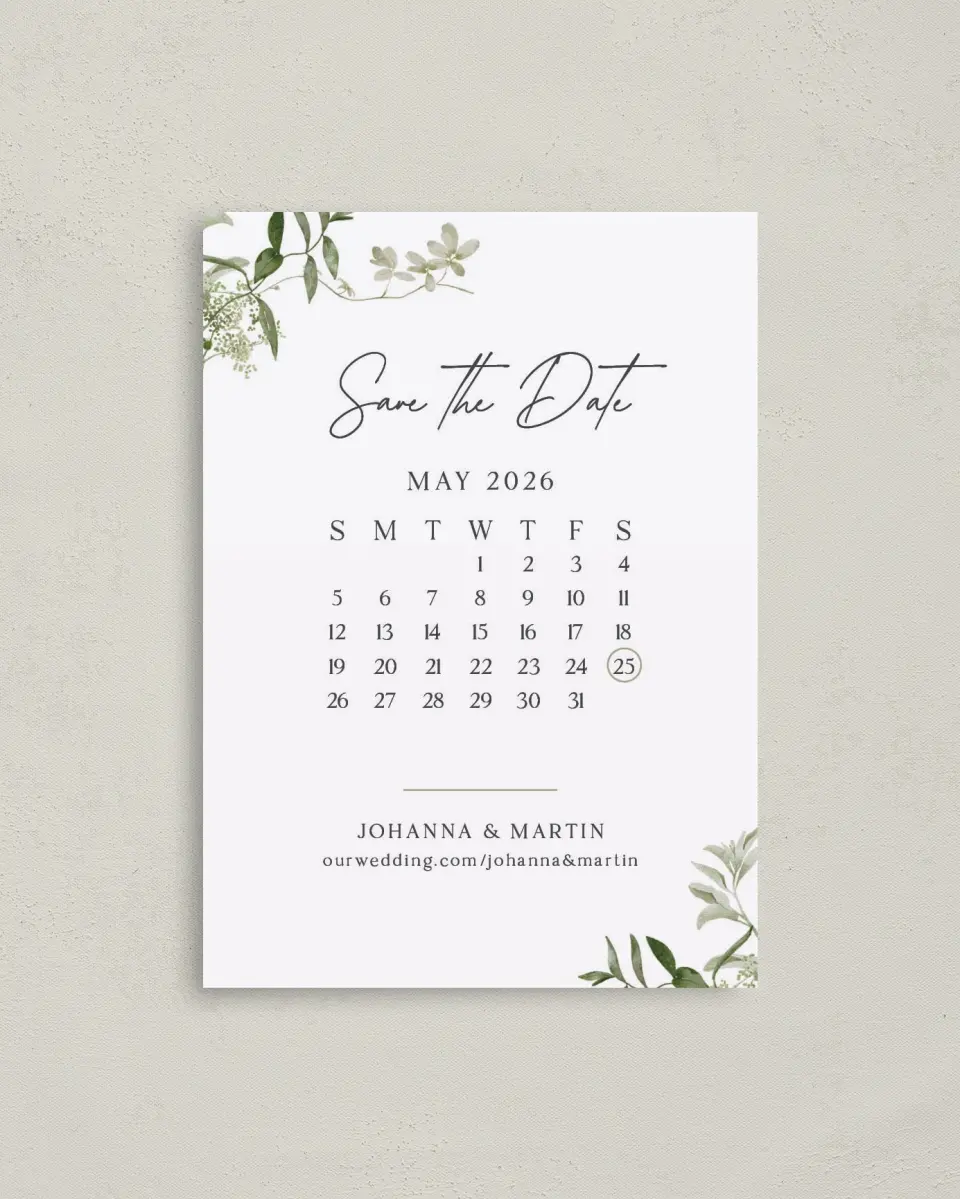 This is a 4" x 5.6" Save the Date Postcard called Botanical Date printed in full color on Soft Touch Finish paper