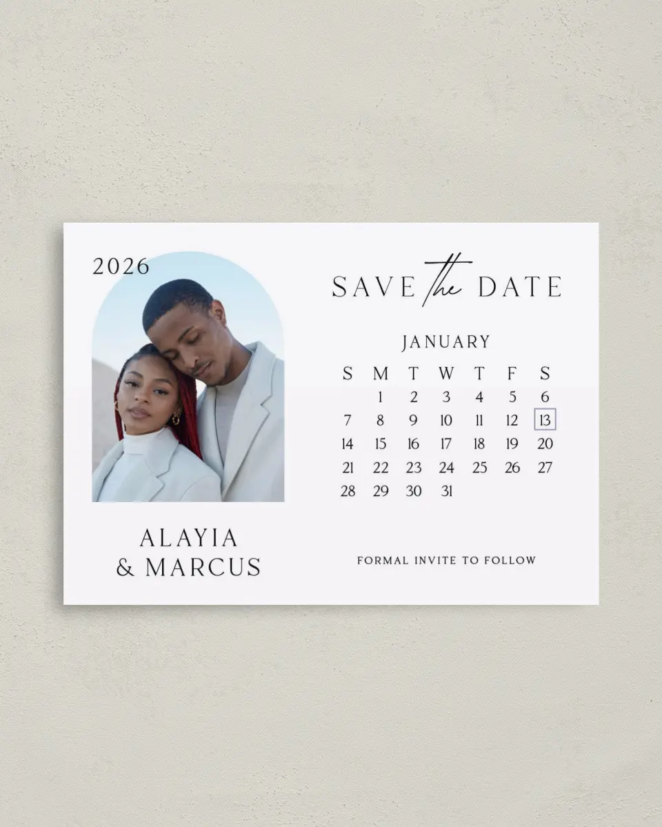 This is a 4" x 5.6" Save the Date Postcard called Clear Calendar printed in full color on Soft Touch Finish paper