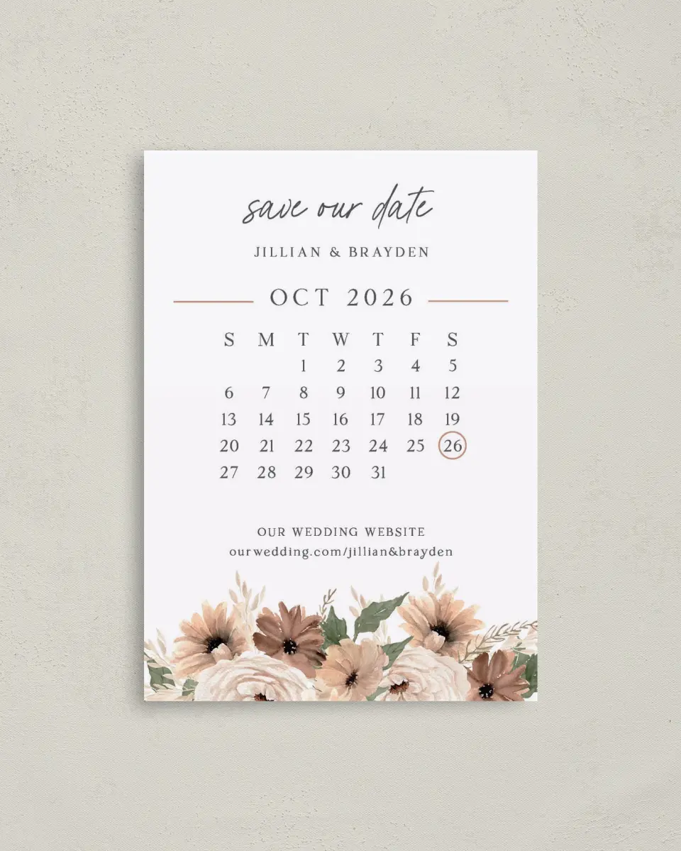 This is a 4" x 5.6" Save the Date Postcard called Crisp Date printed in full color on Soft Touch Finish paper