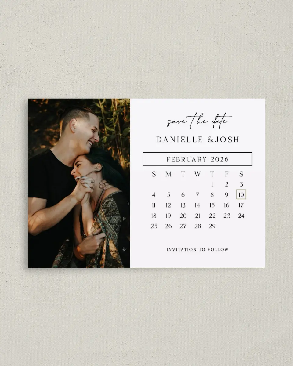 This is a 4" x 5.6" Save the Date Postcard called Date Capture printed in full color on Soft Touch Finish paper