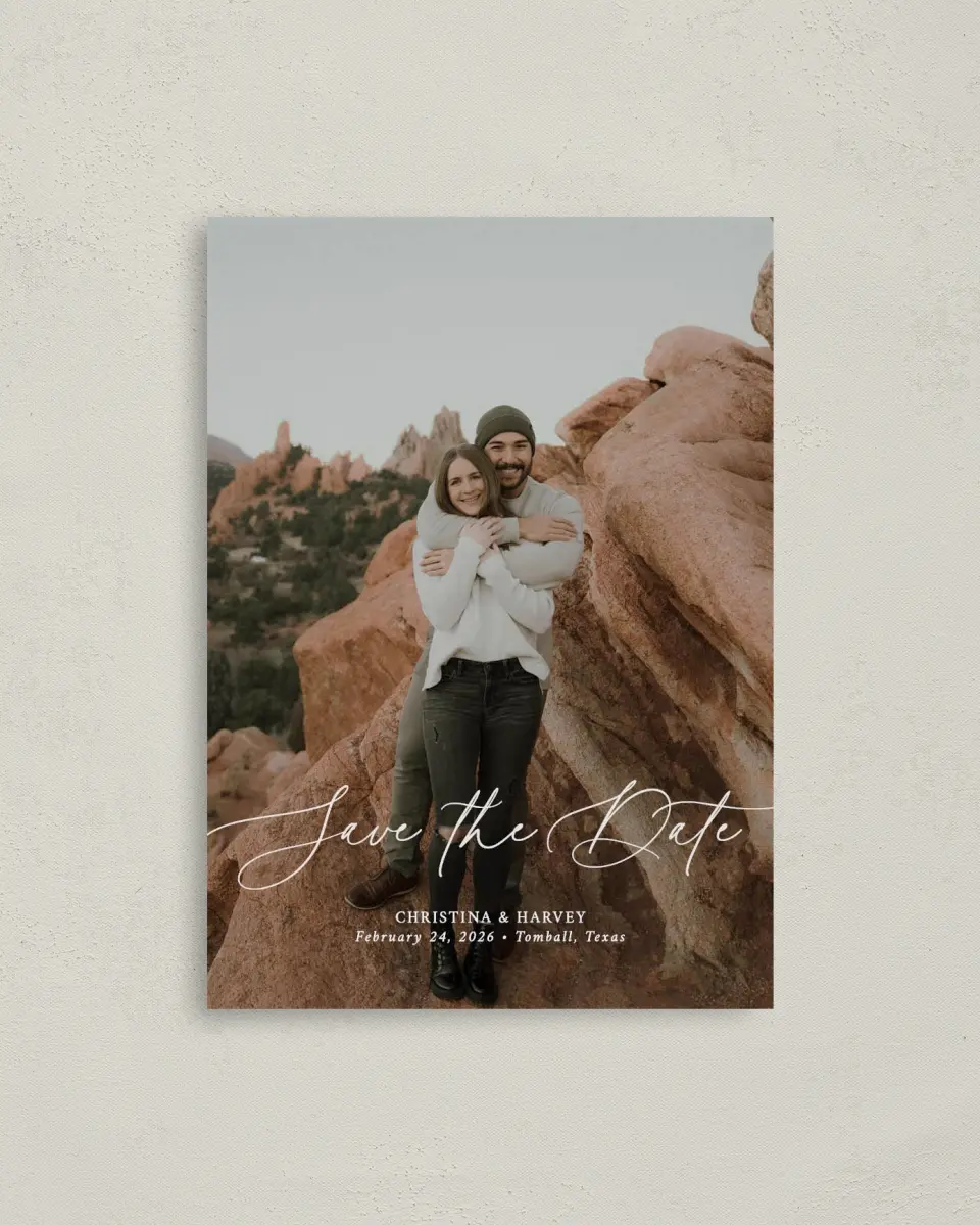 This is a 4" x 5.6" Save the Date Postcard called The Christina printed in full color on Soft Touch Finish paper