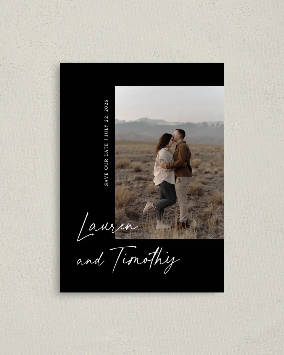 This is a 4" x 5.6" Save the Date Postcard called The Lauren printed in full color with Silver foil on Soft Touch Finish paper