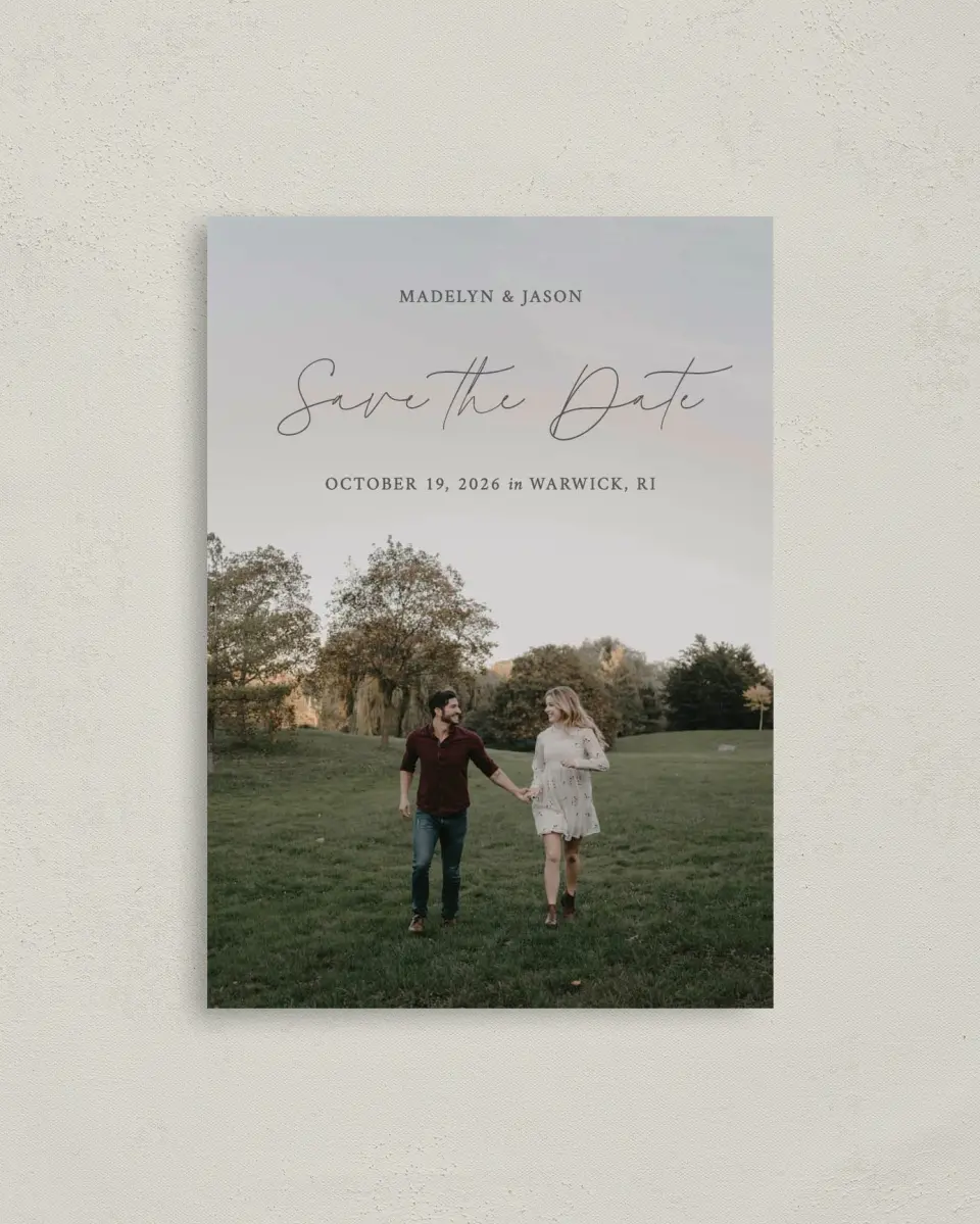 This is a 4" x 5.6" Save the Date Postcard called The Madelyn printed in full color on Soft Touch Finish paper