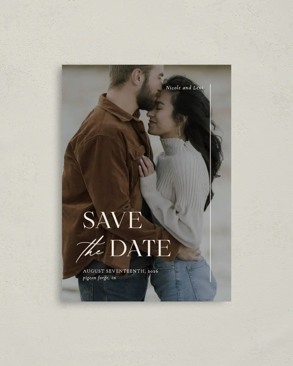 This is a 4" x 5.6" Save the Date Postcard called The Nicole printed in full color on Soft Touch Finish paper