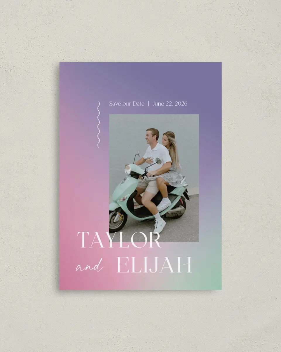 This is a 4" x 5.6" Save the Date Postcard called The Taylor printed in full color on Soft Touch Finish paper