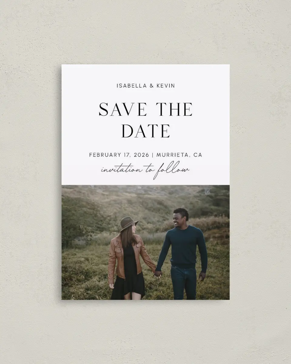 This is a 4" x 5.6" Save the Date Postcard called The Isabella printed in full color on Soft Touch Finish paper