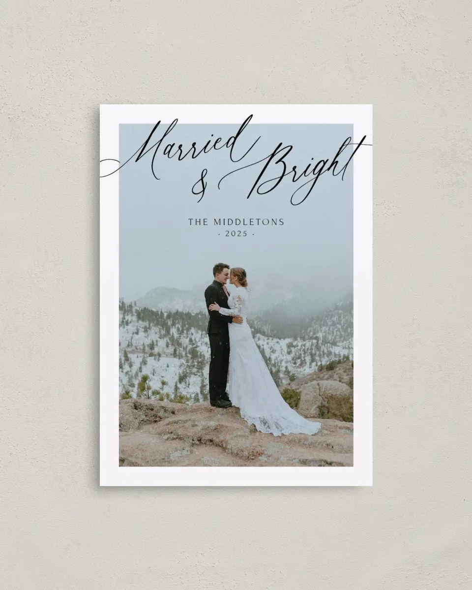 This is a 4" x 5.6" Christmas Card called Married & Bright printed in full color on Premium Smooth paper