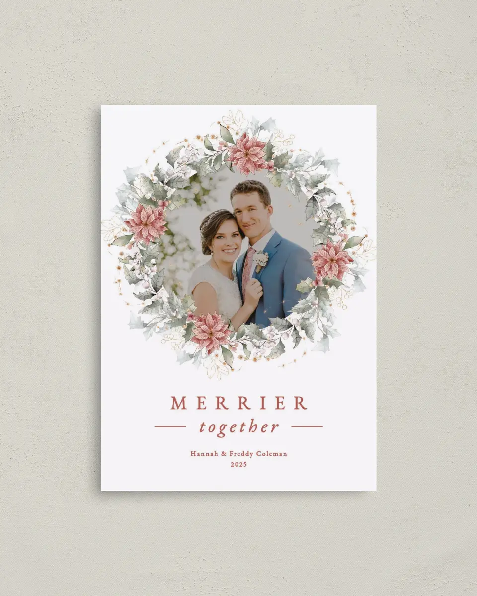 This is a 4" x 5.6" Christmas Card called Poinsettia Wreath printed in full color on Premium Smooth paper