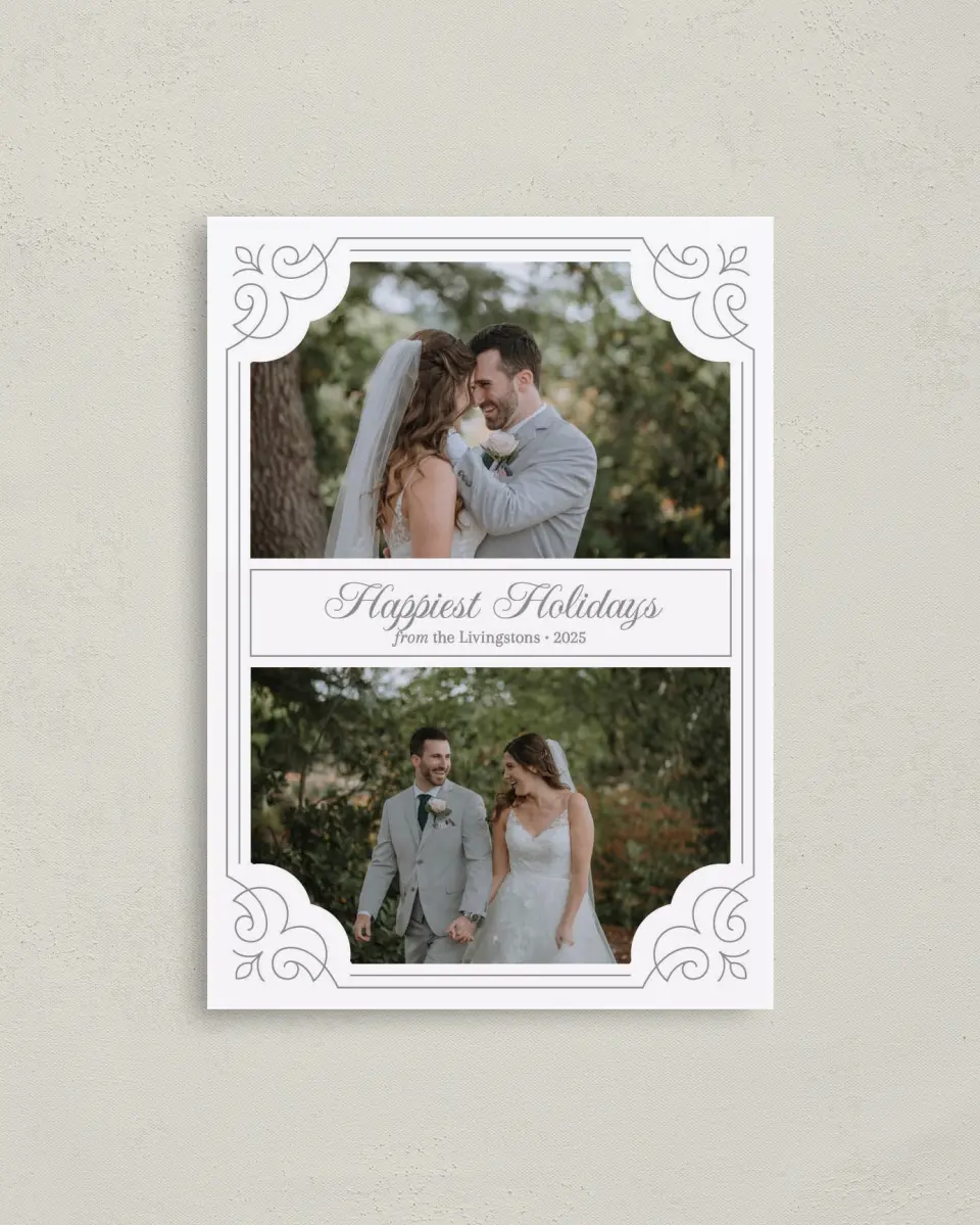 This is a 4" x 5.6" Christmas Card called Fancy Frame printed in full color on Premium Smooth paper