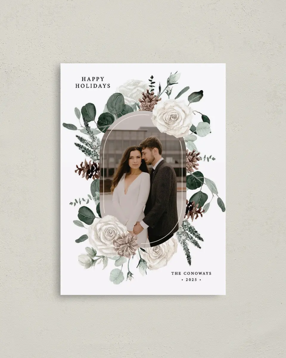 This is a 4" x 5.6" Christmas Card called Winter Blossoms printed in full color on Premium Smooth paper