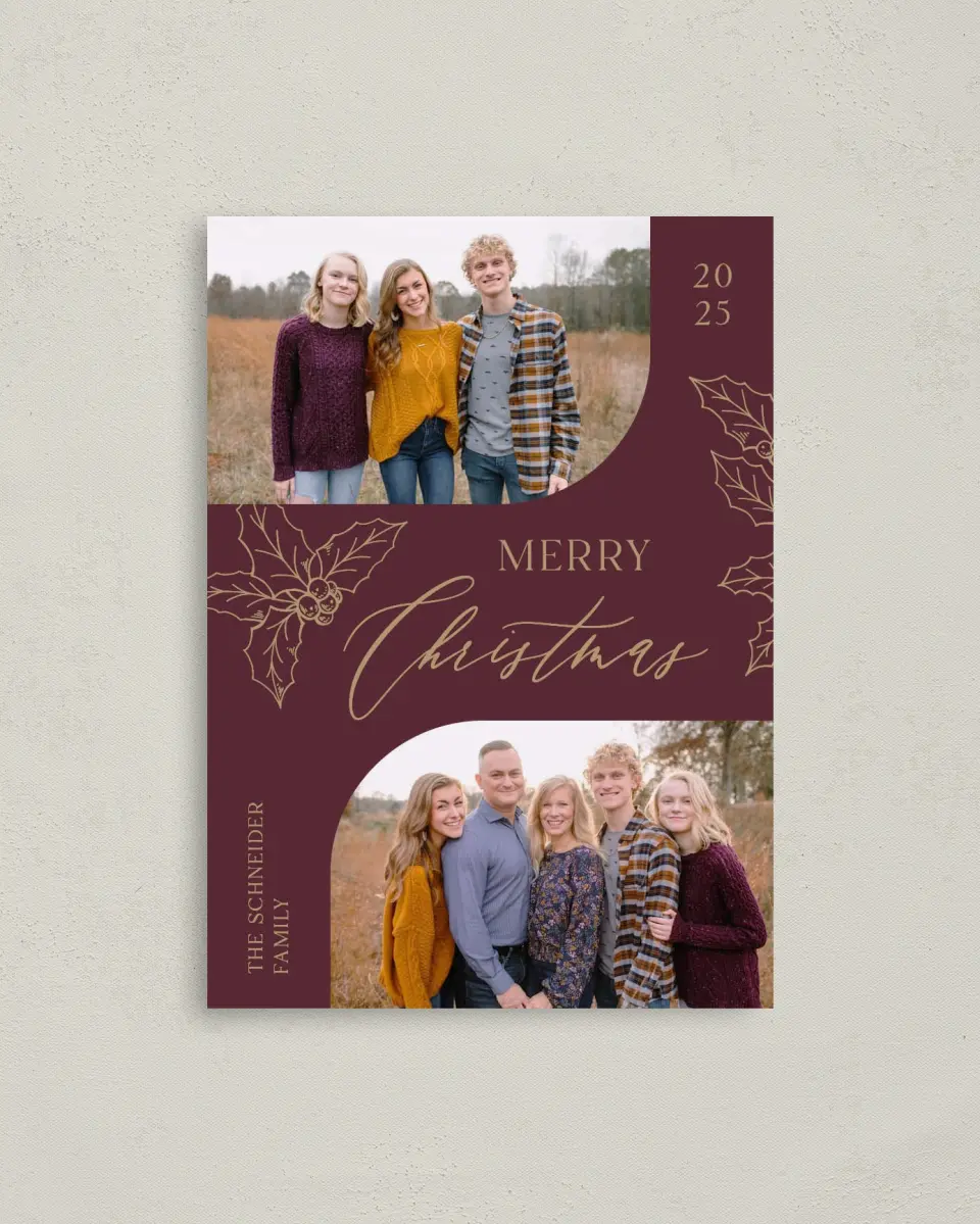 This is a 4" x 5.6" Christmas Card called Lavish Holly printed in full color on Premium Smooth paper