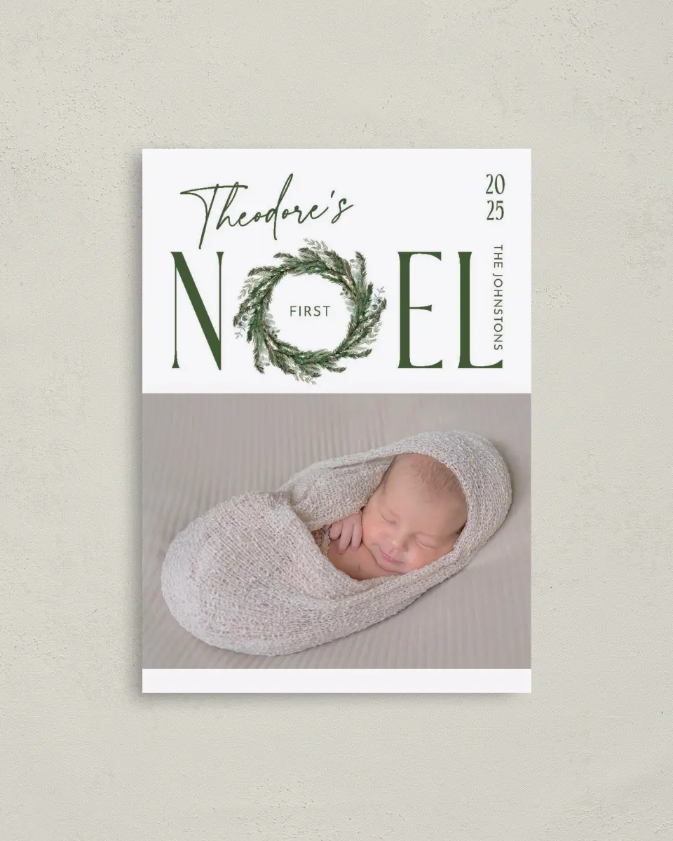 This is a 4" x 5.6" Christmas Card called First Noel printed in full color on Premium Smooth paper