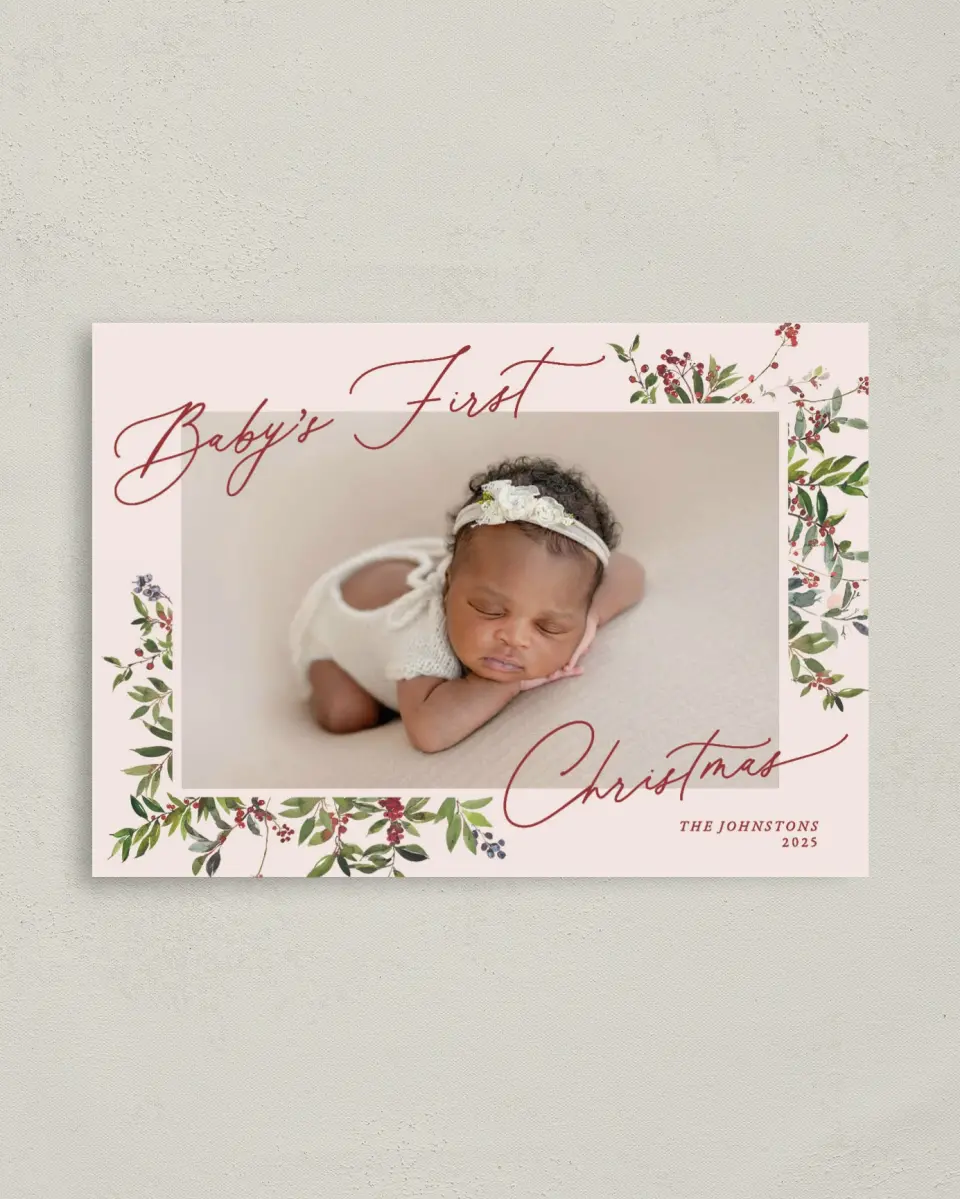 This is a 4" x 5.6" Christmas Card called Baby's 1st Christmas printed in full color on Premium Smooth paper