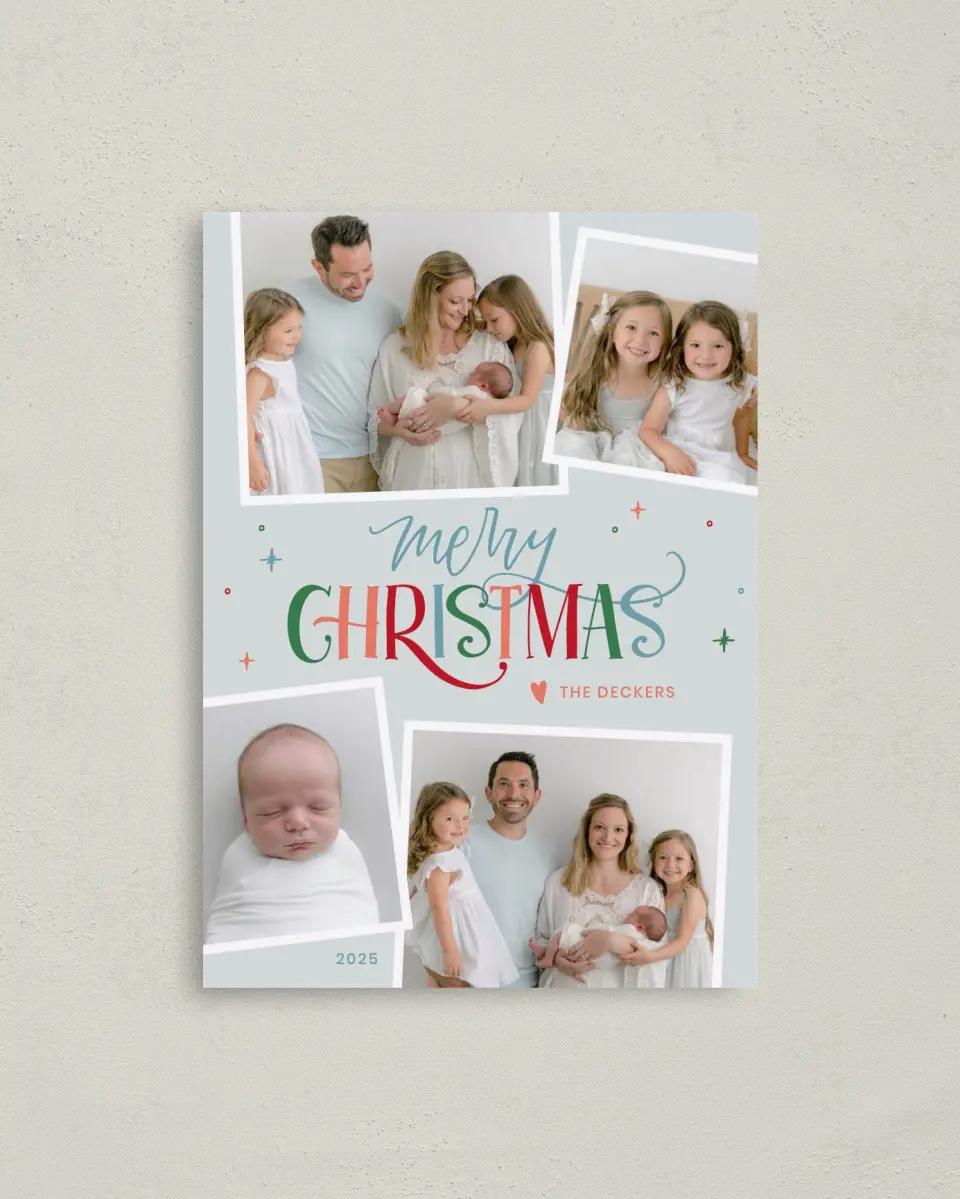 This is a 4" x 5.6" Christmas Card called Whimsical Wishes printed in full color with Rose Gold foil on Soft Suede (coated) paper