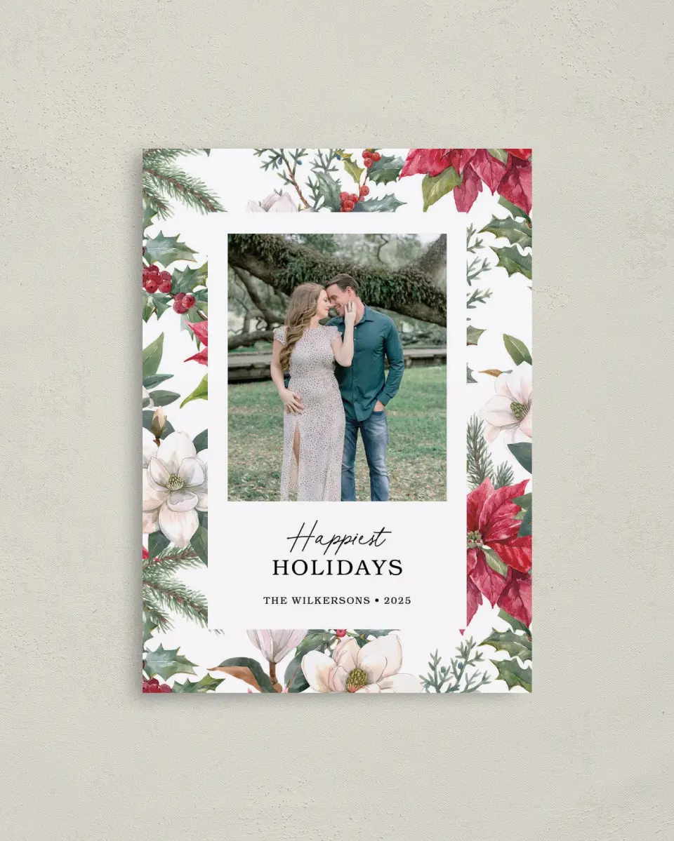 This is a 4" x 5.6" Christmas Card called Festive Floral printed in full color on Premium Smooth paper