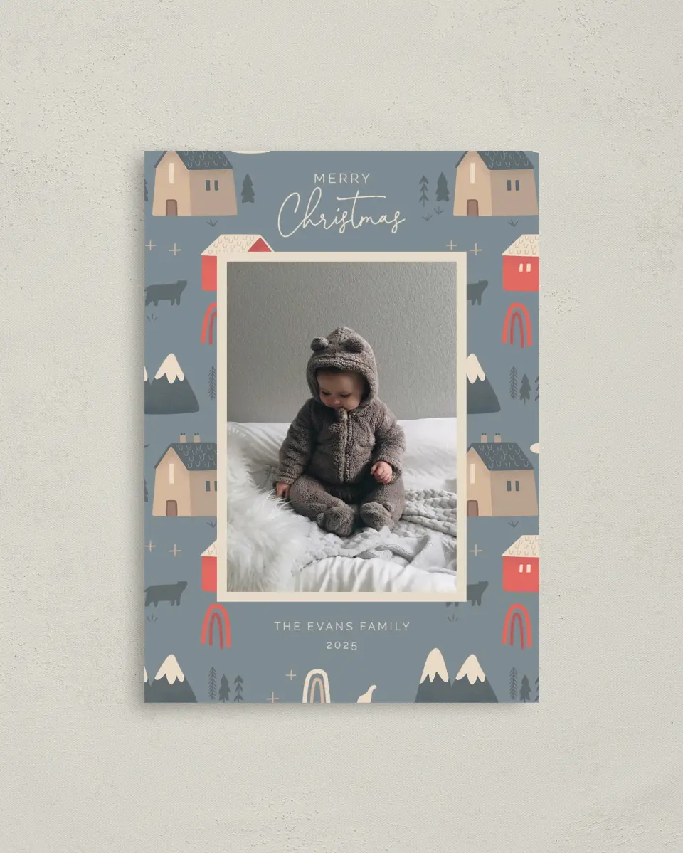 This is a 4" x 5.6" Christmas Card called Mountain Homes printed in full color on Premium Smooth paper