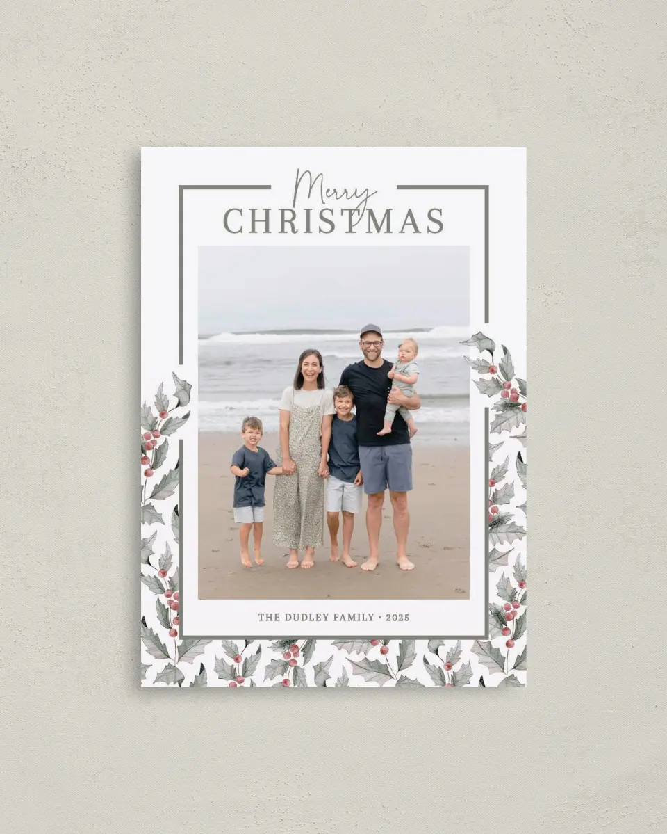 This is a 4" x 5.6" Christmas Card called Soft Holly printed in full color on Premium Smooth paper