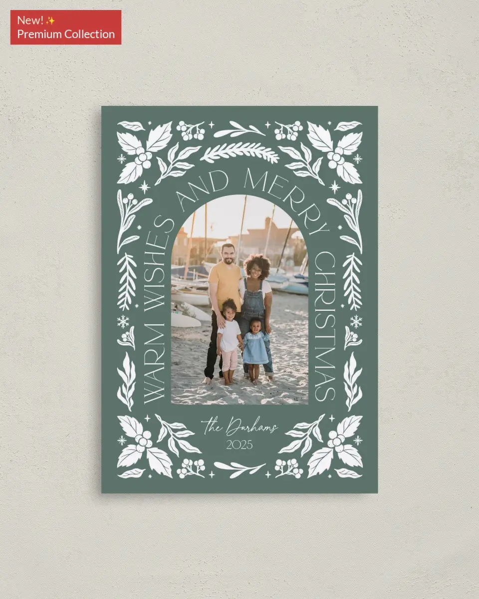 This is a 4" x 5.6" Christmas Card called Warm Wishes printed in full color with Gold foil on Premium Smooth paper