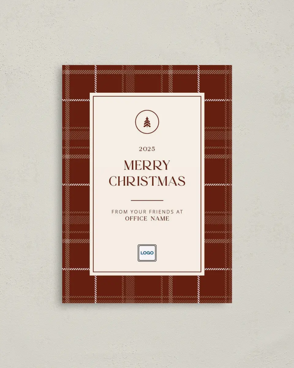 This is a 4" x 5.6" Christmas Card called Border Christmas printed in full color with Rose Gold foil on Soft Suede (coated) paper