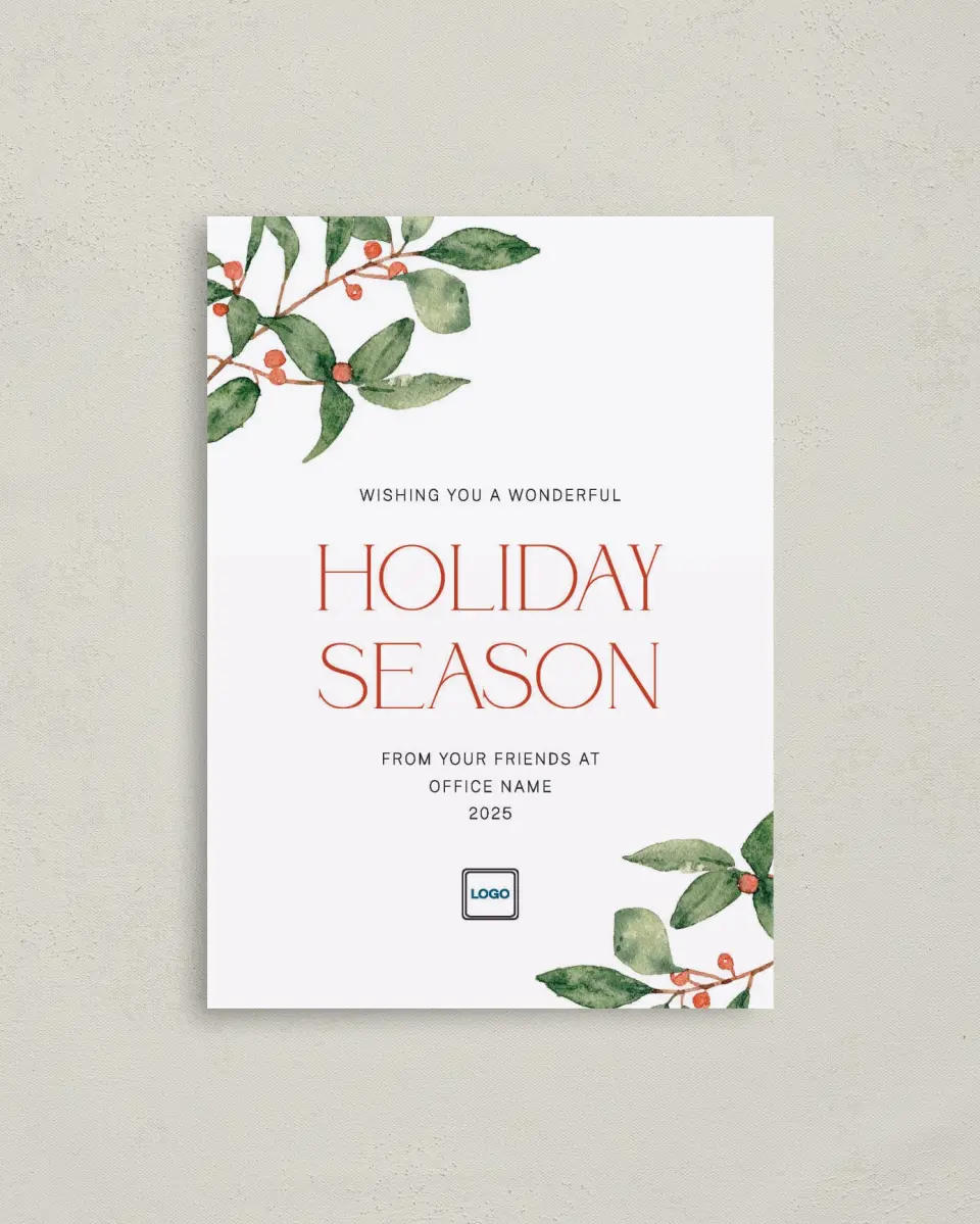 This is a 4" x 5.6" Christmas Card called Pretty Cheer printed in full color with Rose Gold foil on Soft Suede (coated) paper