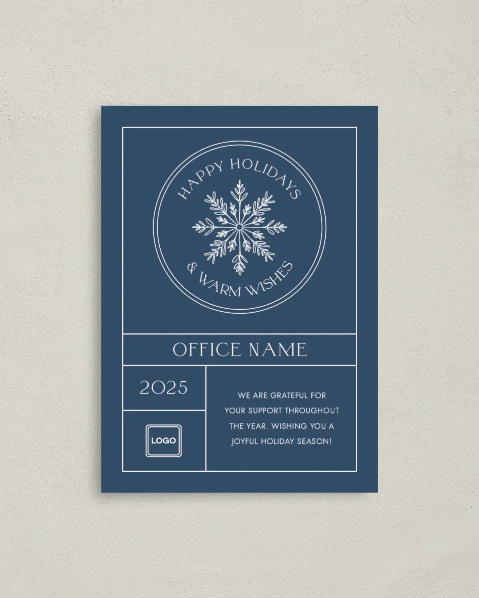 This is a 4" x 5.6" Christmas Card called Snowflake Christmas printed in full color with Rose Gold foil on Soft Suede (coated) paper