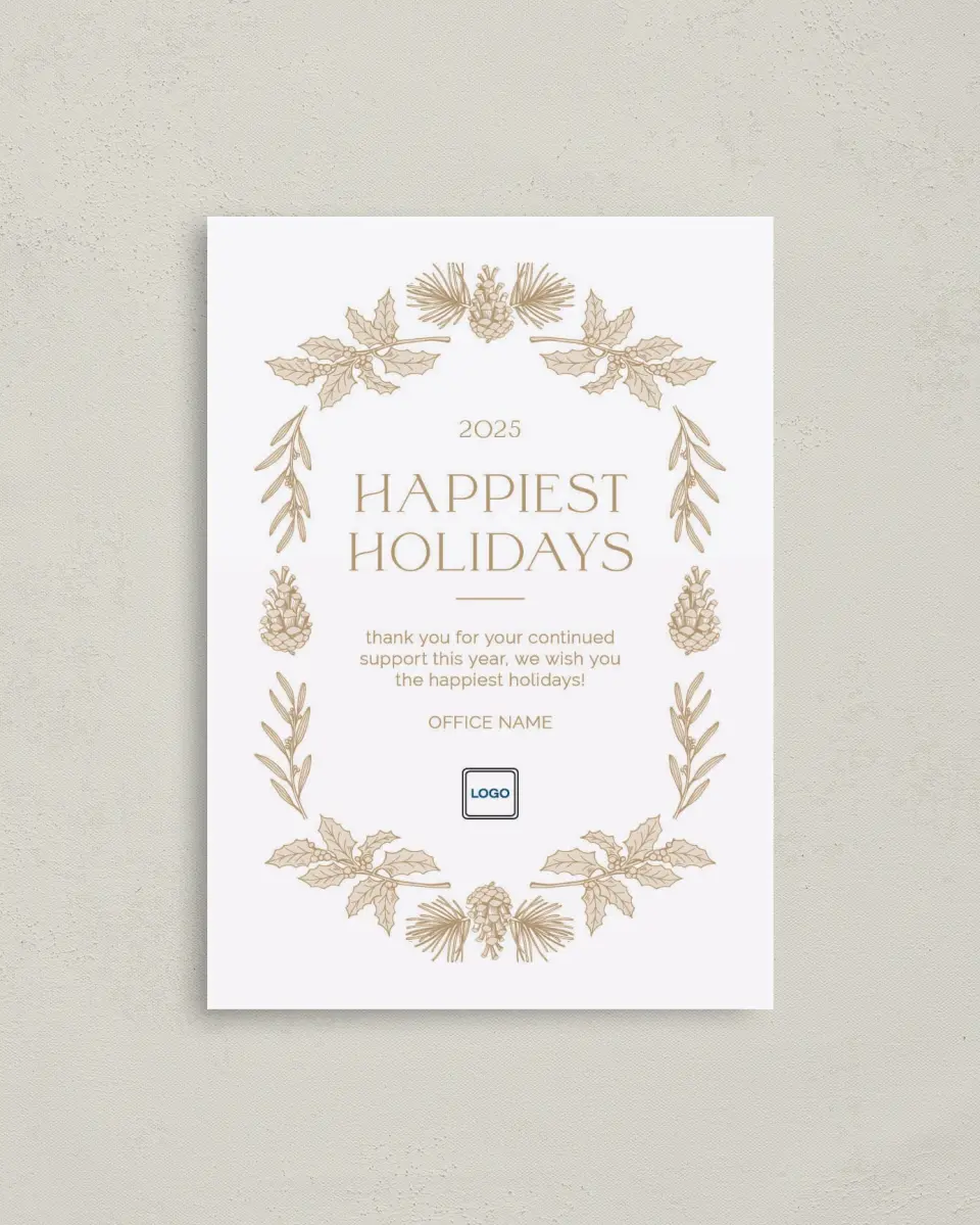 This is a 4" x 5.6" Christmas Card called Holiday Harvest printed in full color with Rose Gold foil on Soft Suede (coated) paper