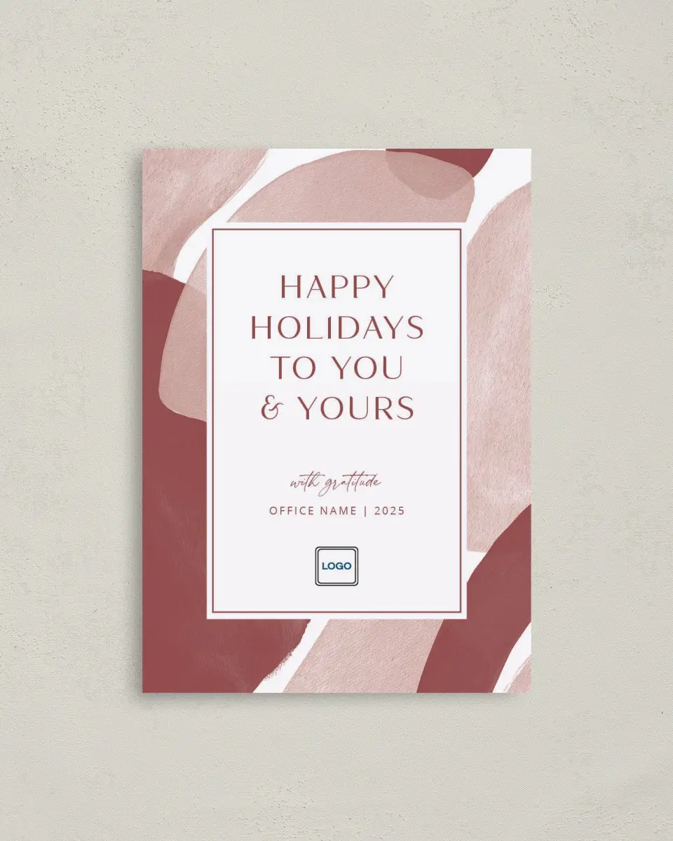 This is a 4" x 5.6" Christmas Card called Splash of Cheer printed in full color with Rose Gold foil on Soft Suede (coated) paper