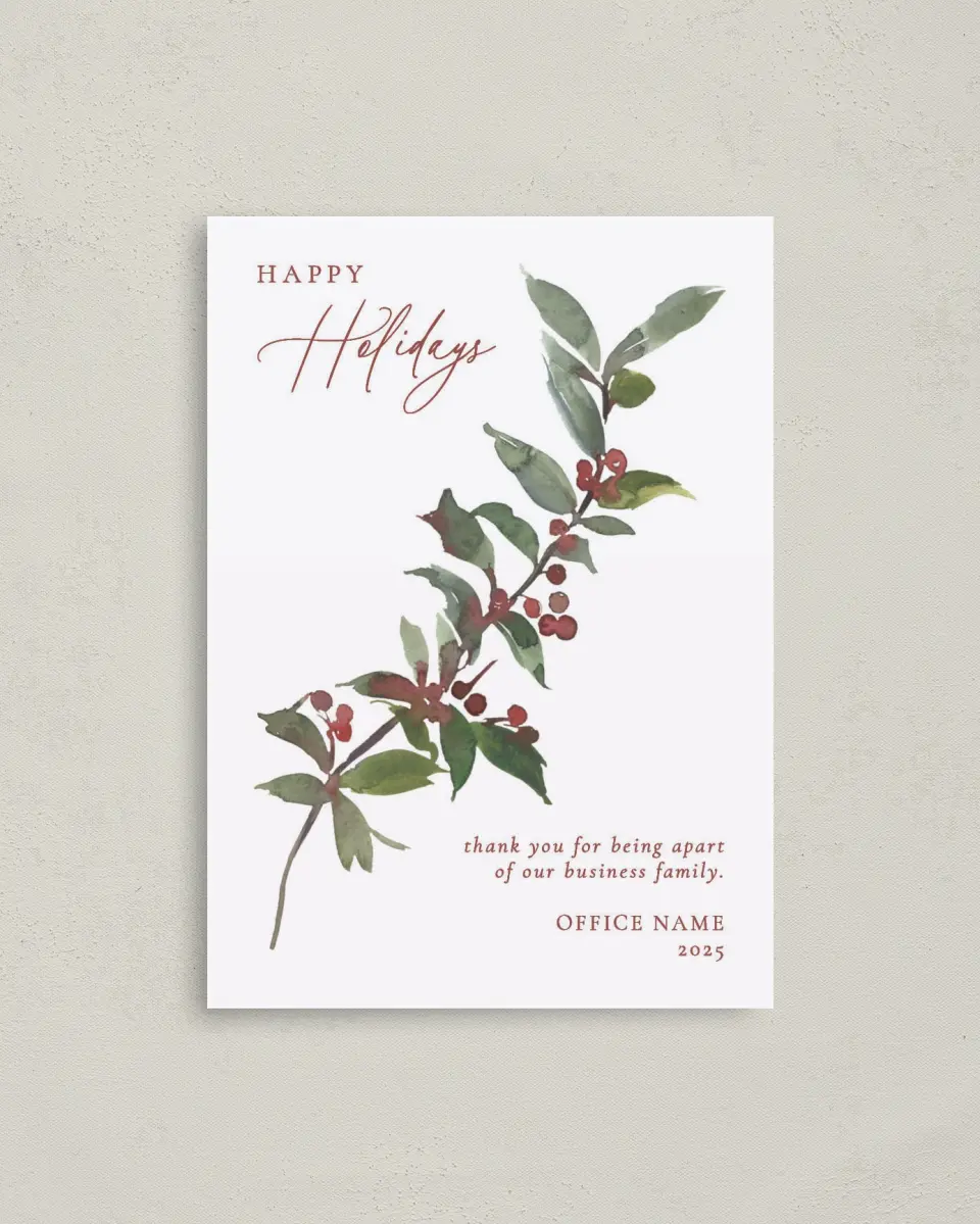 This is a 4" x 5.6" Christmas Card called Holly Holidays printed in full color with Rose Gold foil on Soft Suede (coated) paper