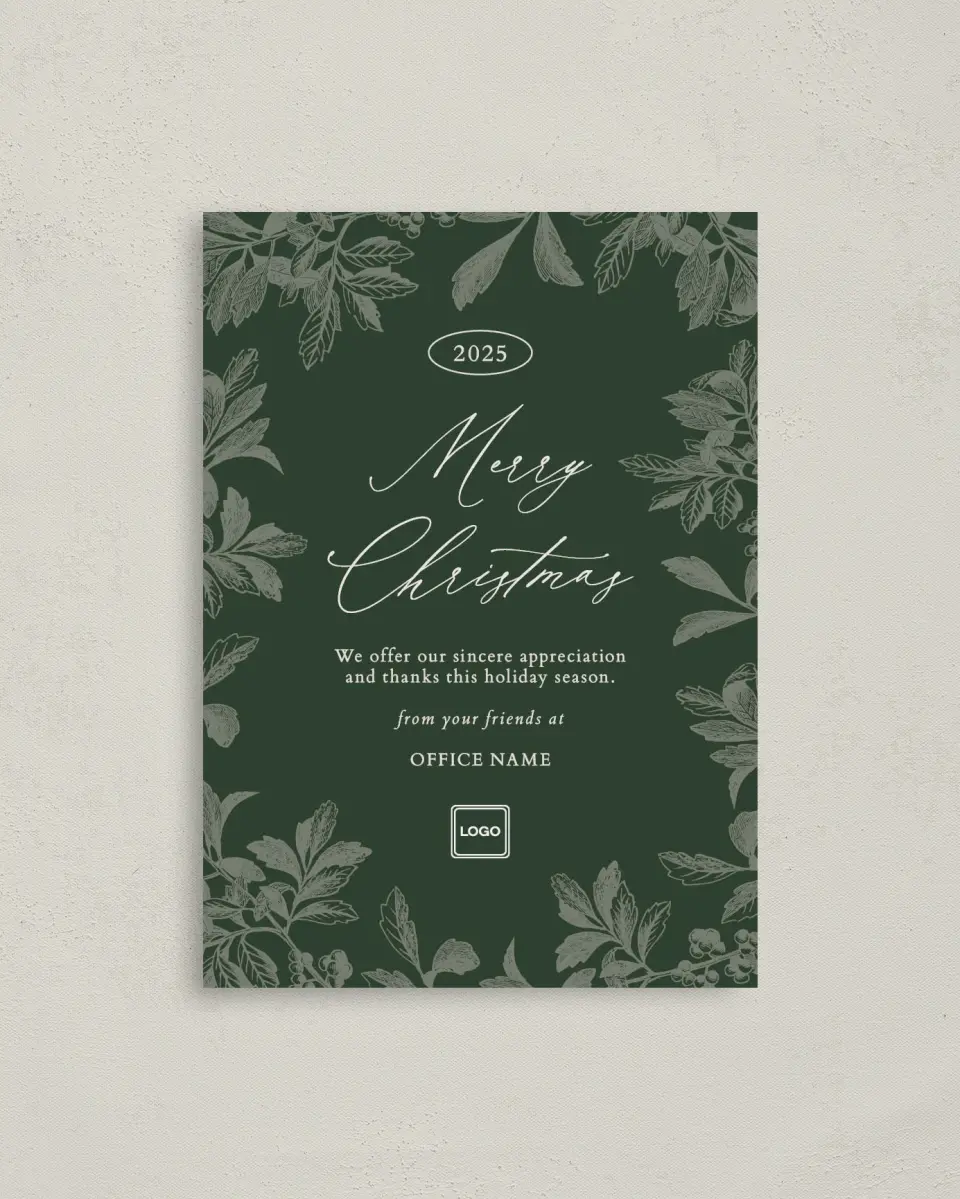 This is a 4" x 5.6" Christmas Card called Sophisticated Christmas printed in full color with Rose Gold foil on Soft Suede (coated) paper