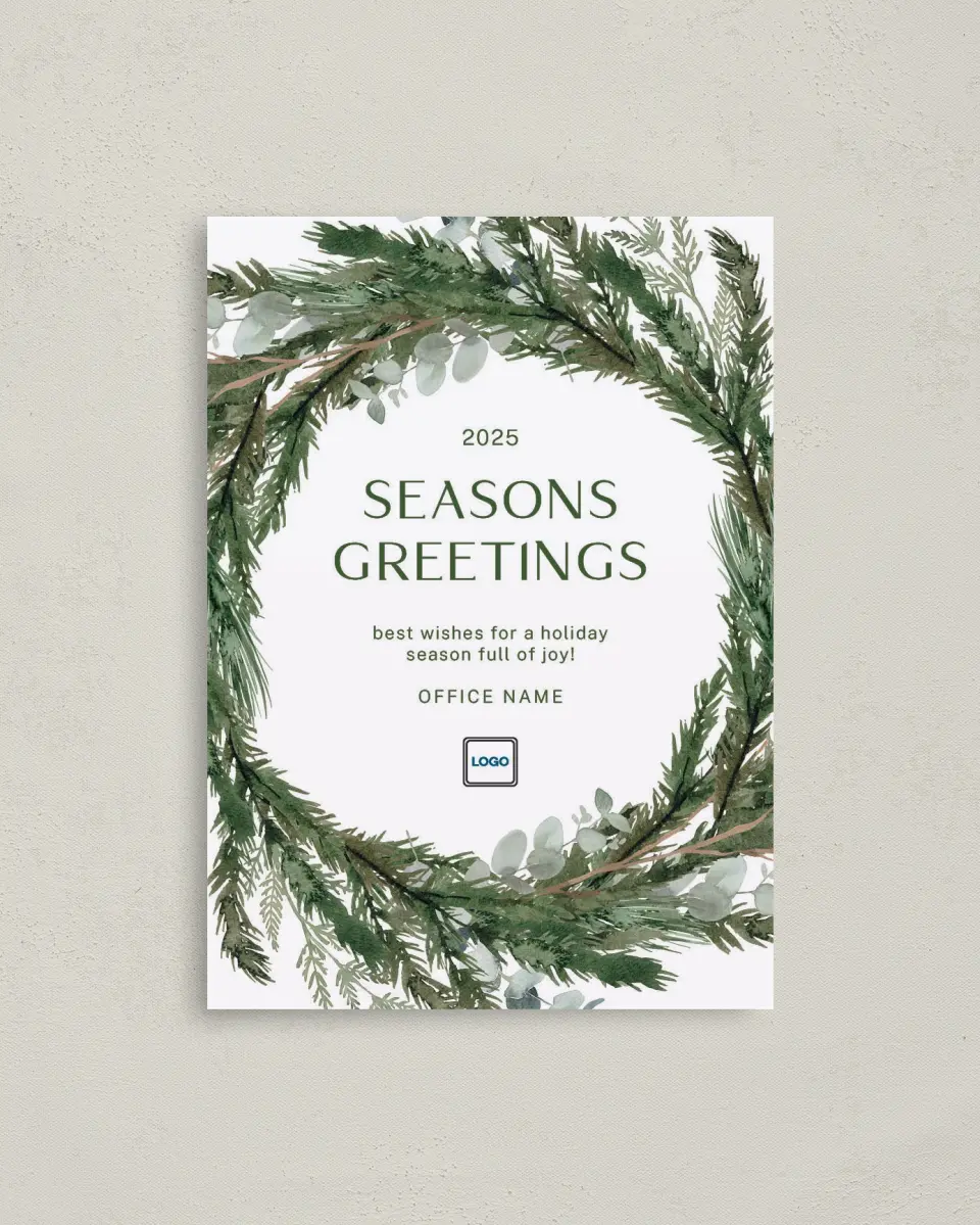 This is a 4" x 5.6" Christmas Card called Christmas Wreath printed in full color with Rose Gold foil on Soft Suede (coated) paper