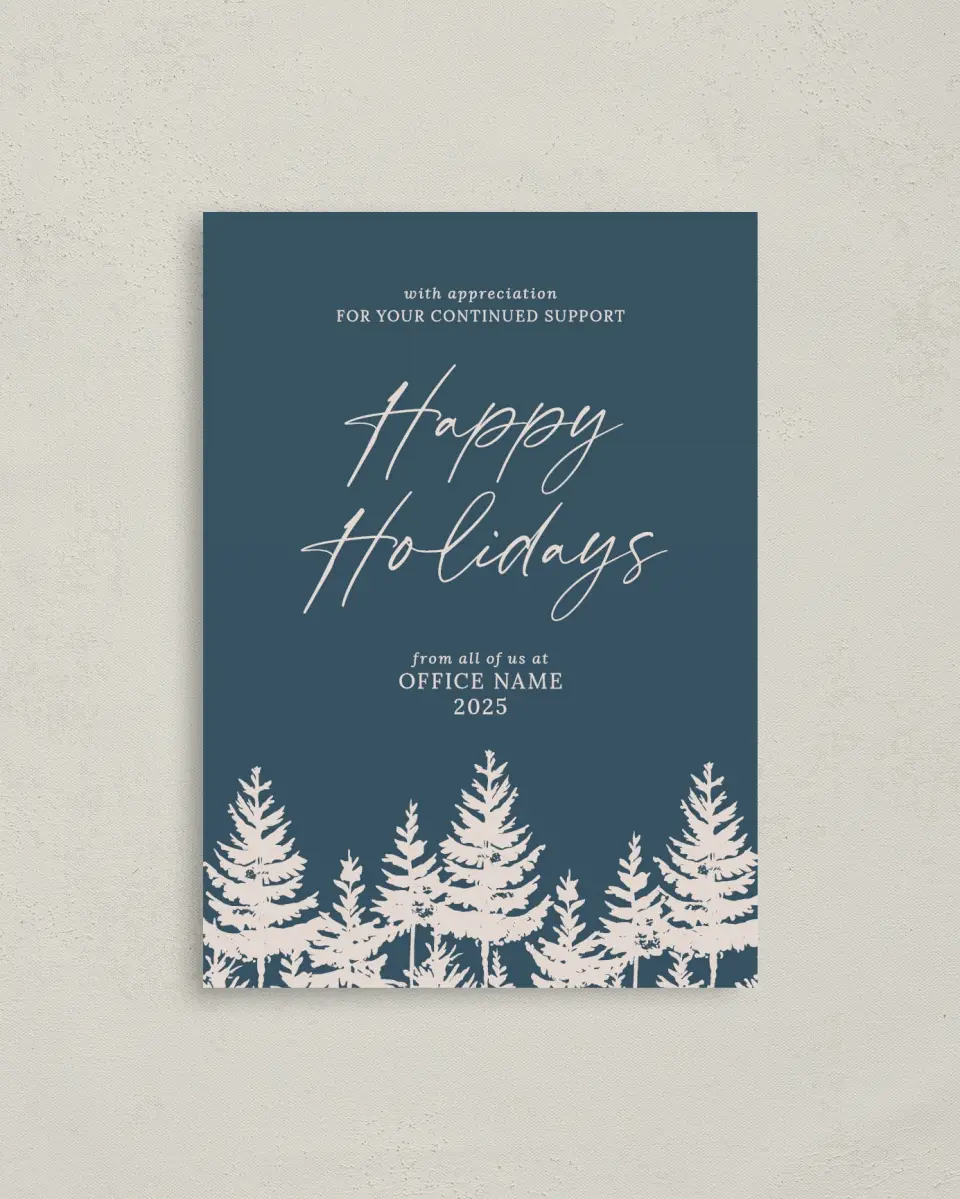 This is a 4" x 5.6" Christmas Card called Silhouette Solstice printed in full color with Rose Gold foil on Soft Suede (coated) paper