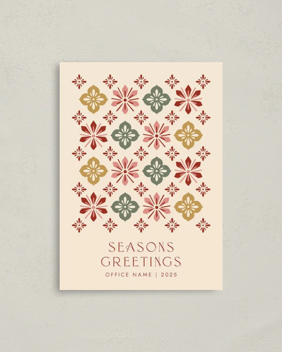 This is a 4" x 5.6" Christmas Card called Pattern of Peace printed in full color with Rose Gold foil on Soft Suede (coated) paper