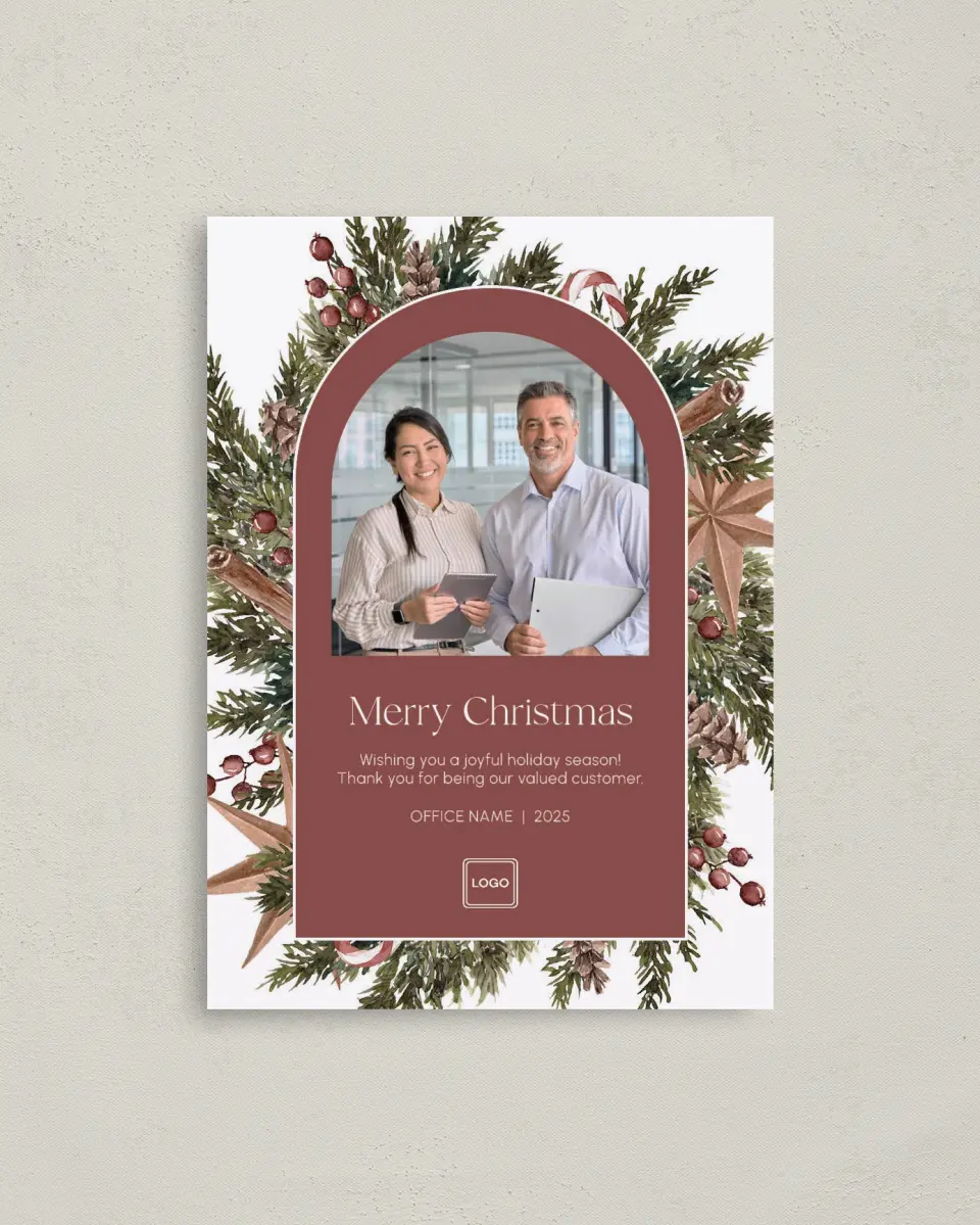 This is a 4" x 5.6" Christmas Card called Harvest Holiday printed in full color with Rose Gold foil on Soft Suede (coated) paper