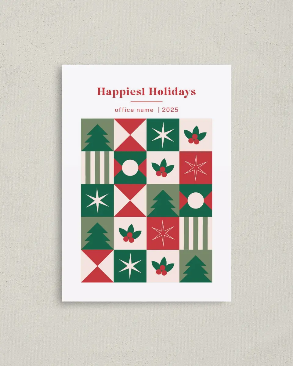 This is a 4" x 5.6" Christmas Card called Quilted Holiday printed in full color with Rose Gold foil on Soft Suede (coated) paper