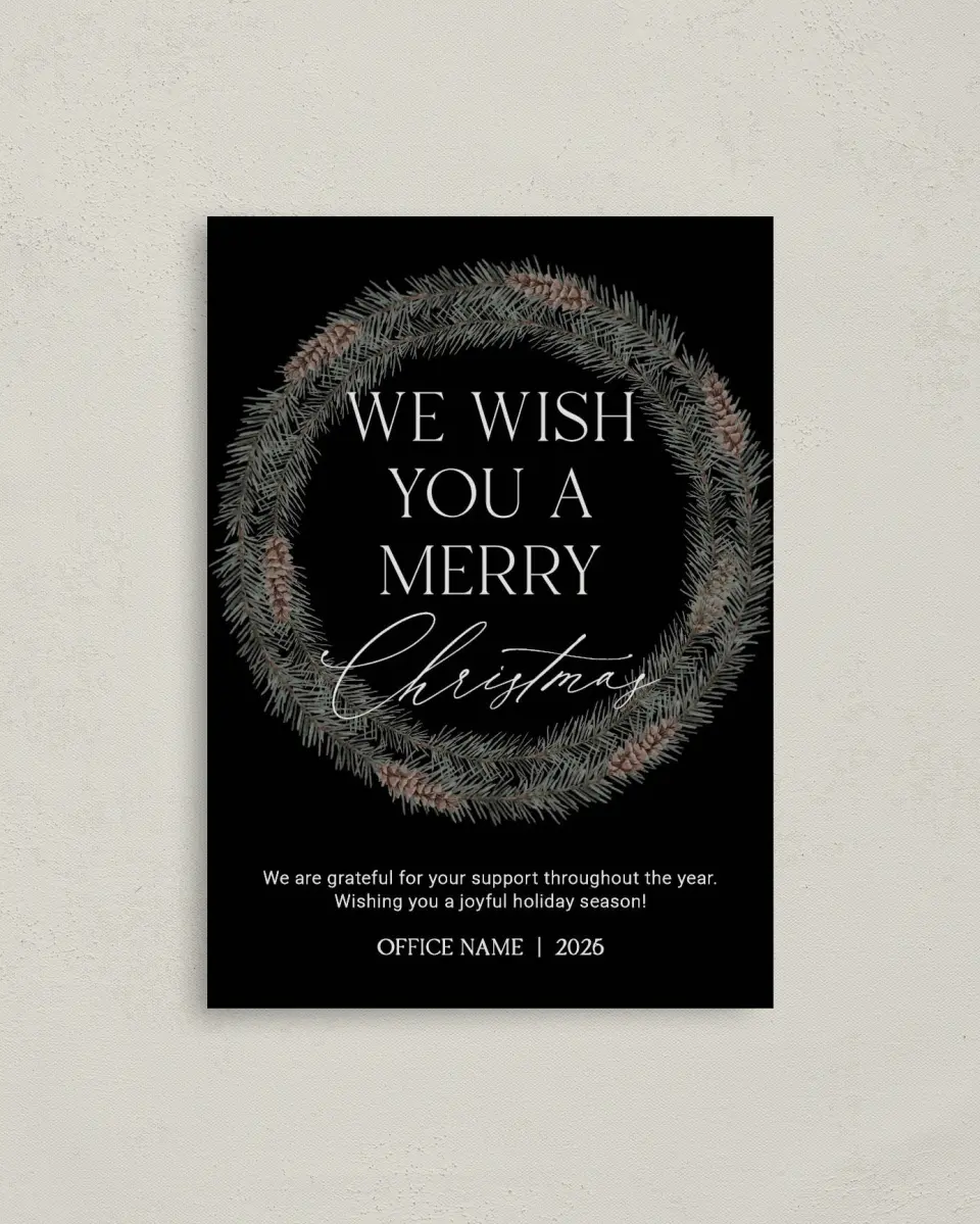 This is a 4" x 5.6" Christmas Card called Wishful Christmas printed in full color with Rose Gold foil on Soft Suede (coated) paper