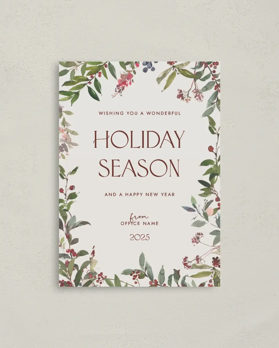 This is a 4" x 5.6" Christmas Card called Seasonal Berries printed in full color on Premium Smooth paper
