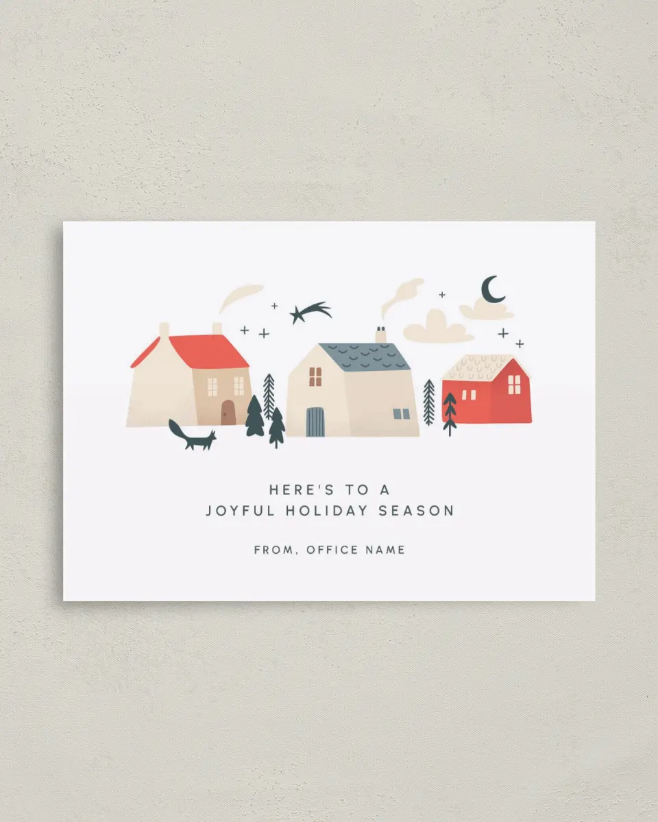This is a 4" x 5.6" Christmas Card called Cozy Village printed in full color on Premium Smooth paper
