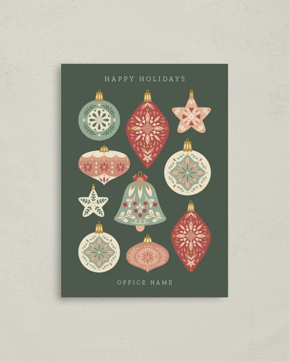 This is a 4" x 5.6" Christmas Card called Ornate Ornaments printed in full color with Rose Gold foil on Soft Suede (coated) paper