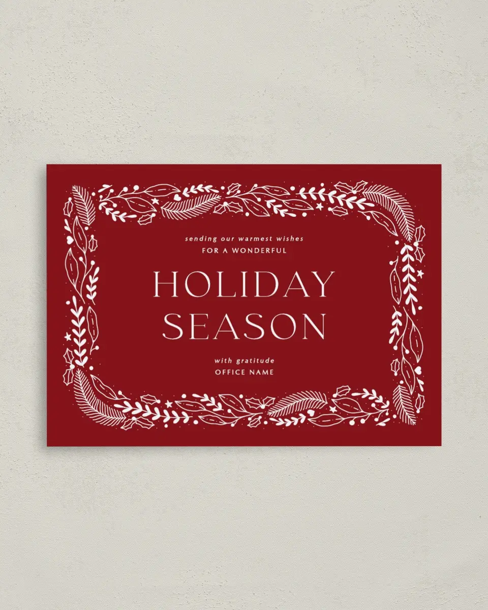 This is a 4" x 5.6" Christmas Card called Seasonal Spirit printed in full color with Rose Gold foil on Soft Suede (coated) paper